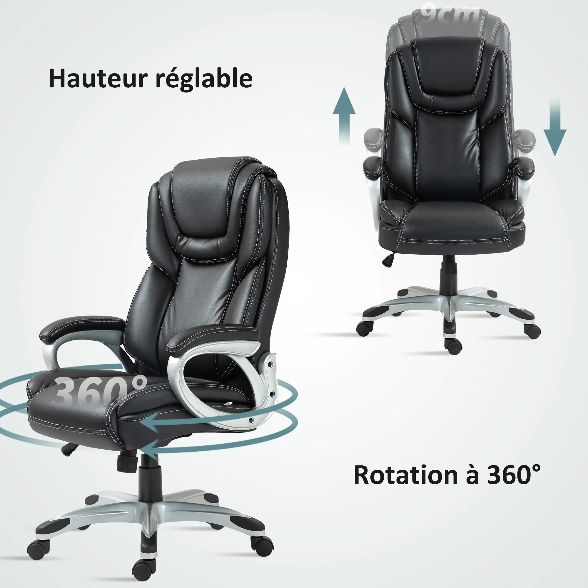 Chaise de bureau, fauteuil de bureau, siège d'ordinateur, avec fonction bascule, dossier haut, roulettes pivotantes 360°, hauteur réglable, noir - Image 8