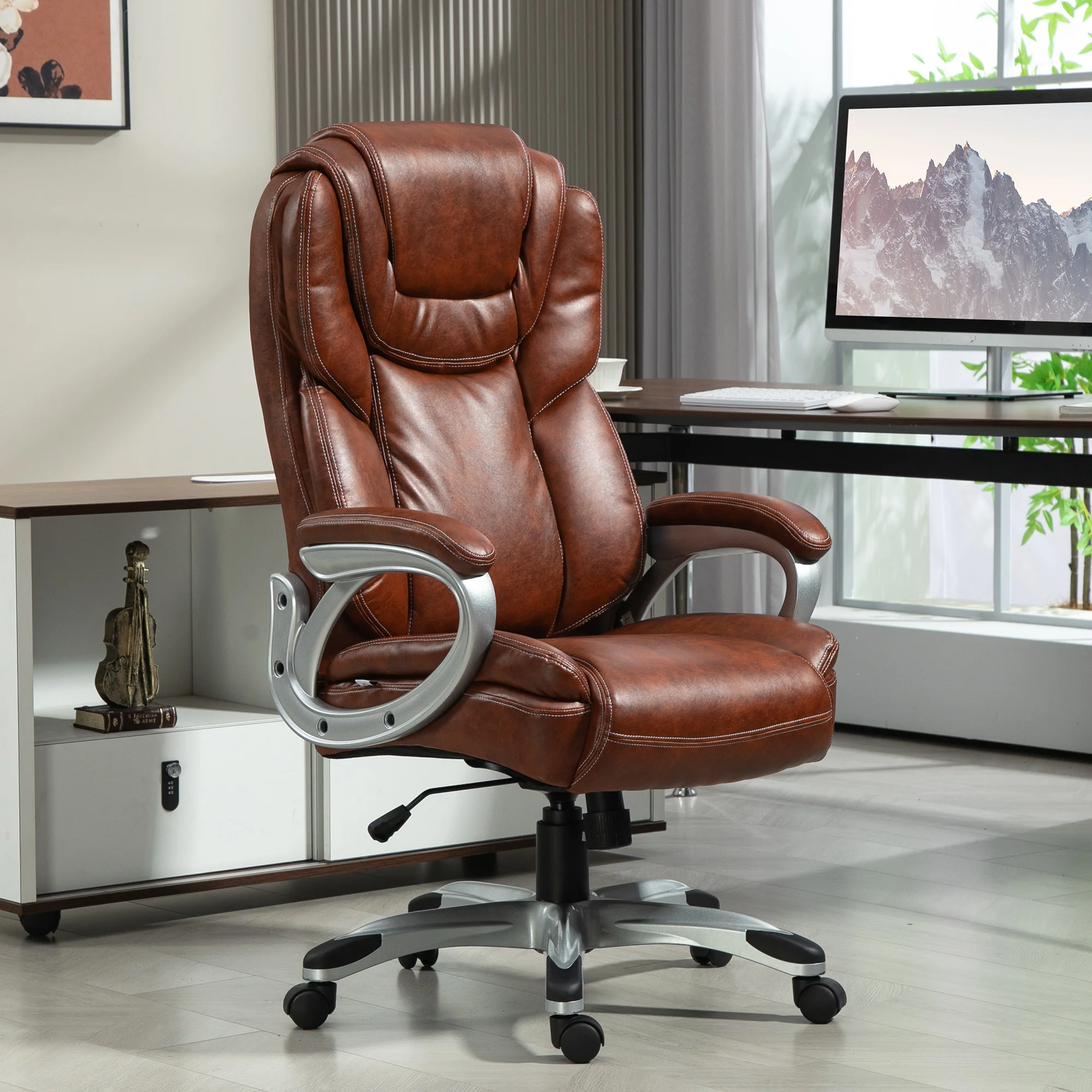 Chaise de bureau, fauteuil de bureau, siège d'ordinateur, avec fonction bascule, dossier haut, roulettes pivotantes 360°, hauteur réglable, marron - Image 3