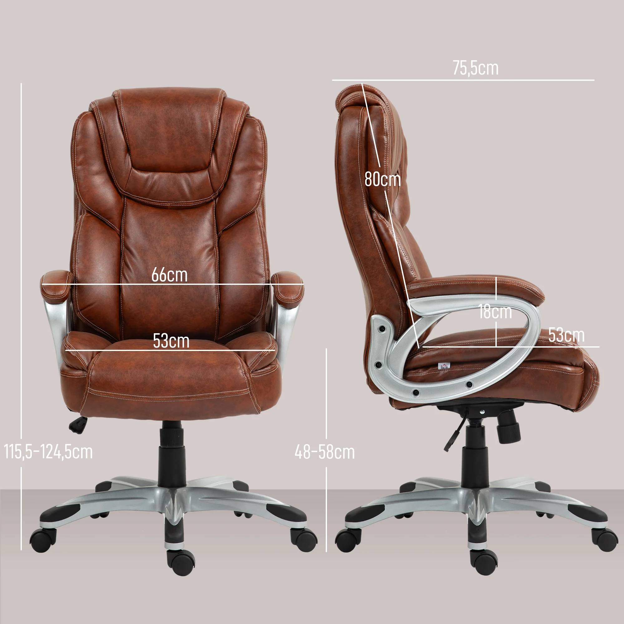 Chaise de bureau, fauteuil de bureau, siège d'ordinateur, avec fonction bascule, dossier haut, roulettes pivotantes 360°, hauteur réglable, marron - Image 4