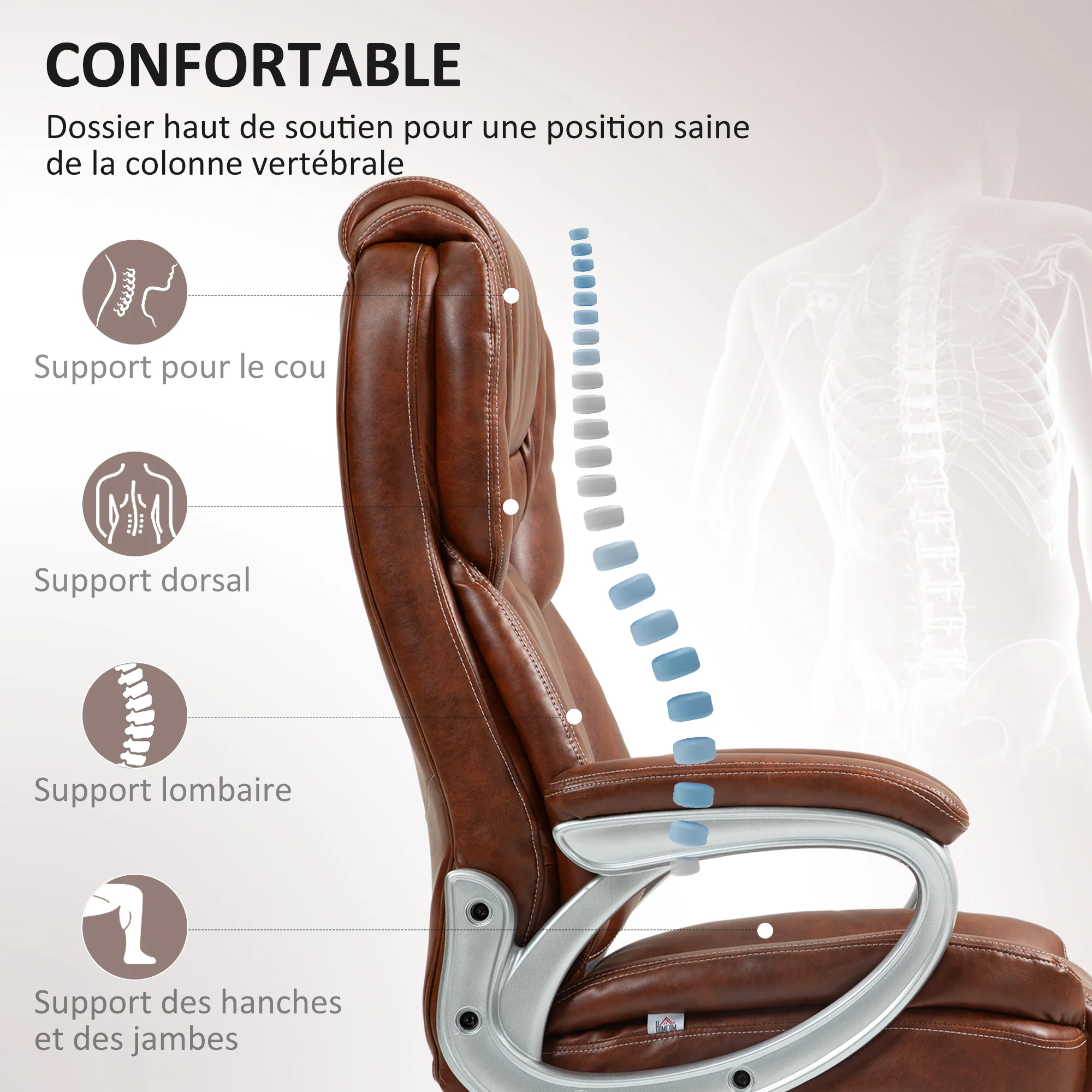 Chaise de bureau, fauteuil de bureau, siège d'ordinateur, avec fonction bascule, dossier haut, roulettes pivotantes 360°, hauteur réglable, marron - Image 5