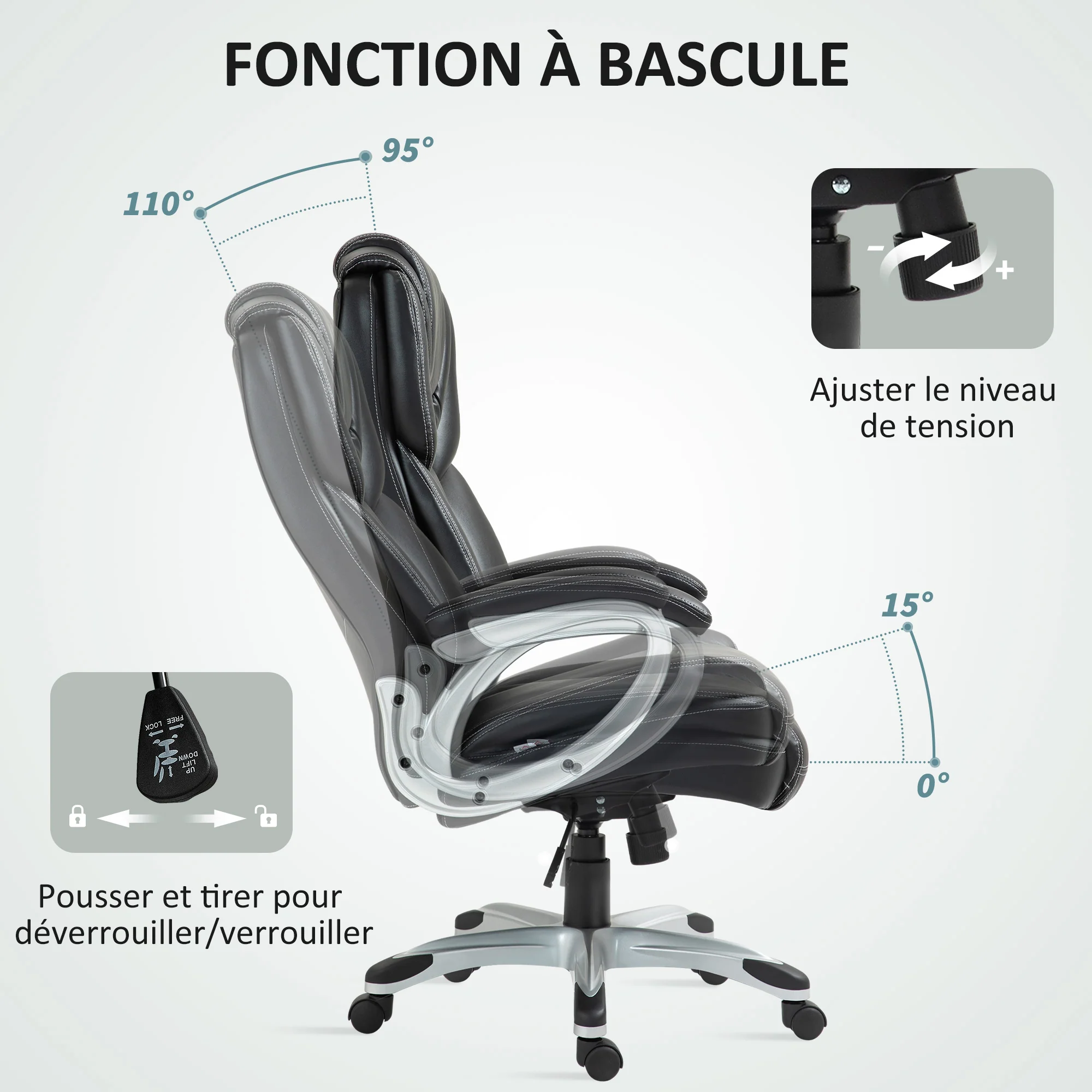 Chaise de bureau, fauteuil de bureau, siège d'ordinateur, avec fonction bascule, dossier haut, roulettes pivotantes 360°, hauteur réglable, marron - Image 7