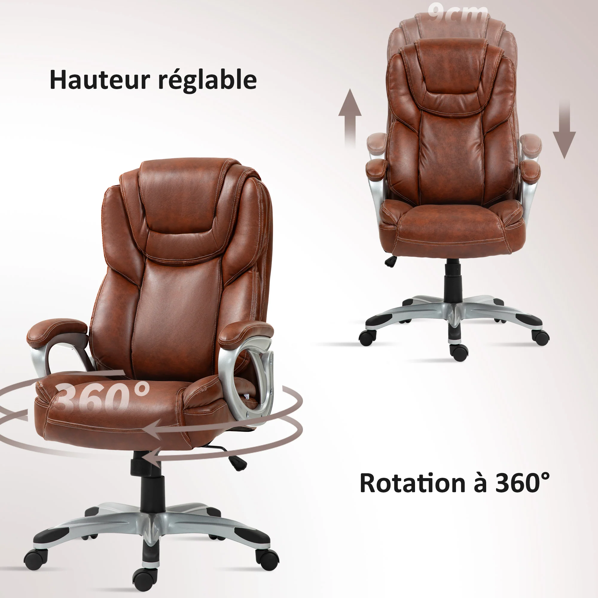 Chaise de bureau, fauteuil de bureau, siège d'ordinateur, avec fonction bascule, dossier haut, roulettes pivotantes 360°, hauteur réglable, marron - Image 8