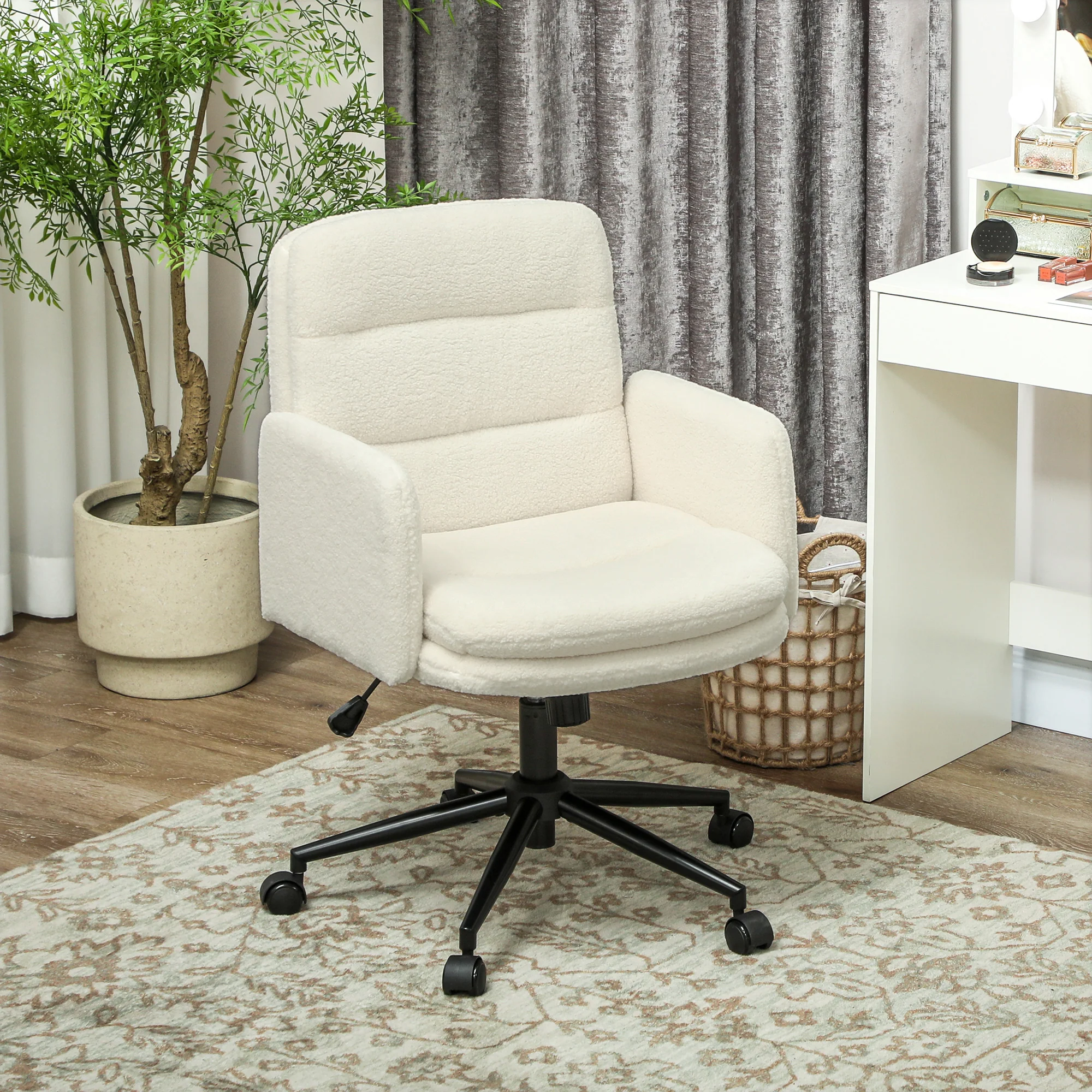 Chaise de bureau, fauteuil ergonomique en tissu effet laine bouclée avec hauteur réglable, fonction de bascule, pivotant 360° et assise rembourrée, pour salon, chambre, télétravail, crème - Image 3