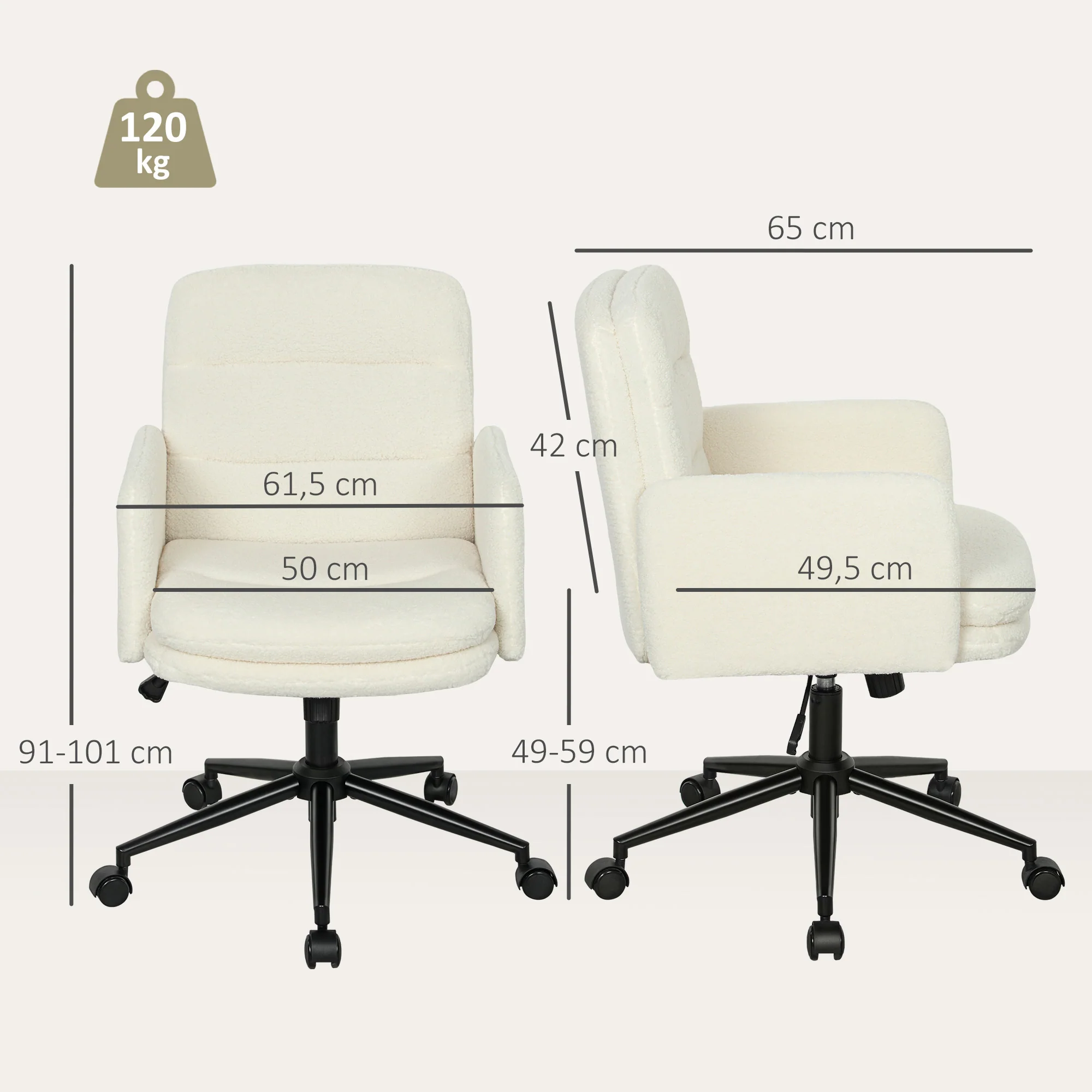 Chaise de bureau, fauteuil ergonomique en tissu effet laine bouclée avec hauteur réglable, fonction de bascule, pivotant 360° et assise rembourrée, pour salon, chambre, télétravail, crème - Image 4
