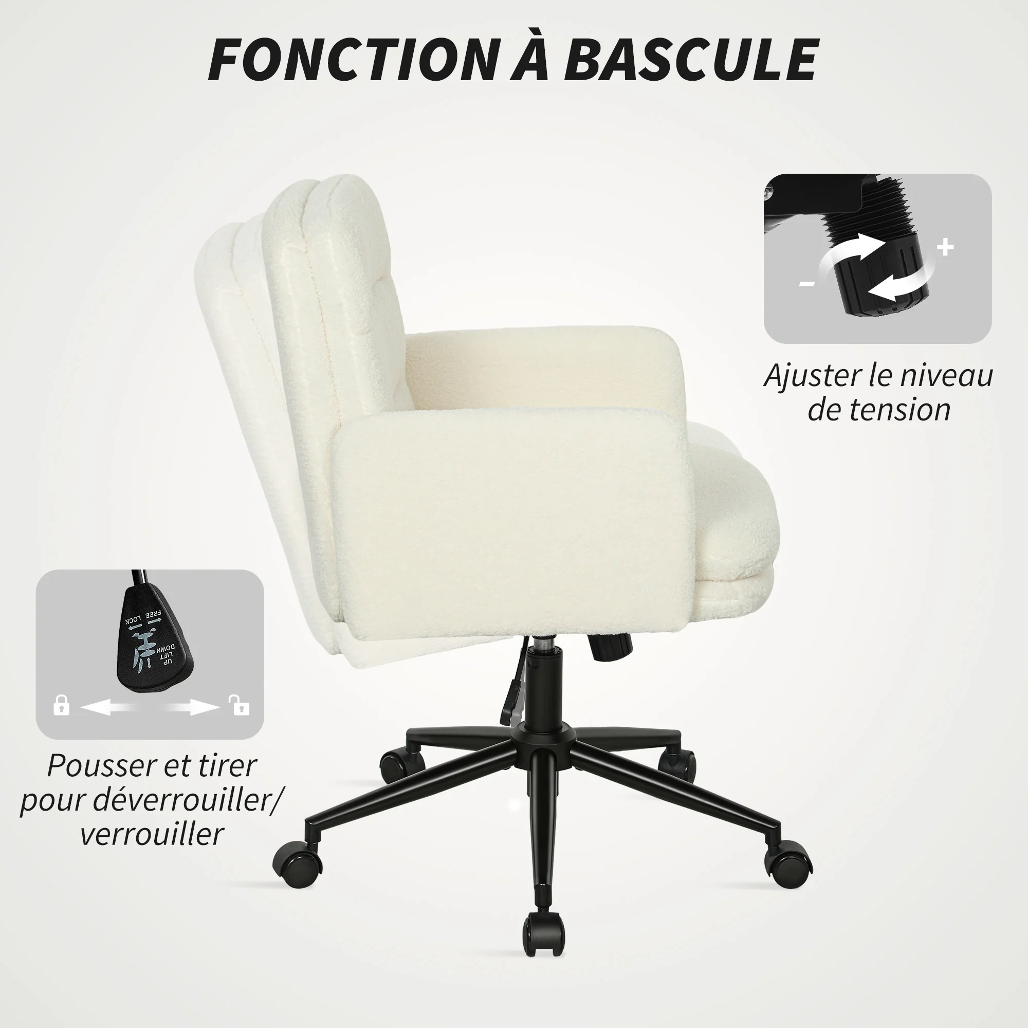 Chaise de bureau, fauteuil ergonomique en tissu effet laine bouclée avec hauteur réglable, fonction de bascule, pivotant 360° et assise rembourrée, pour salon, chambre, télétravail, crème - Image 6
