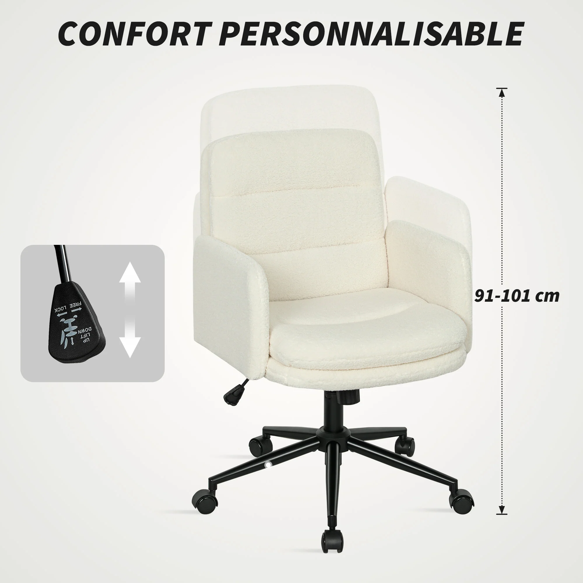 Chaise de bureau, fauteuil ergonomique en tissu effet laine bouclée avec hauteur réglable, fonction de bascule, pivotant 360° et assise rembourrée, pour salon, chambre, télétravail, crème - Image 8