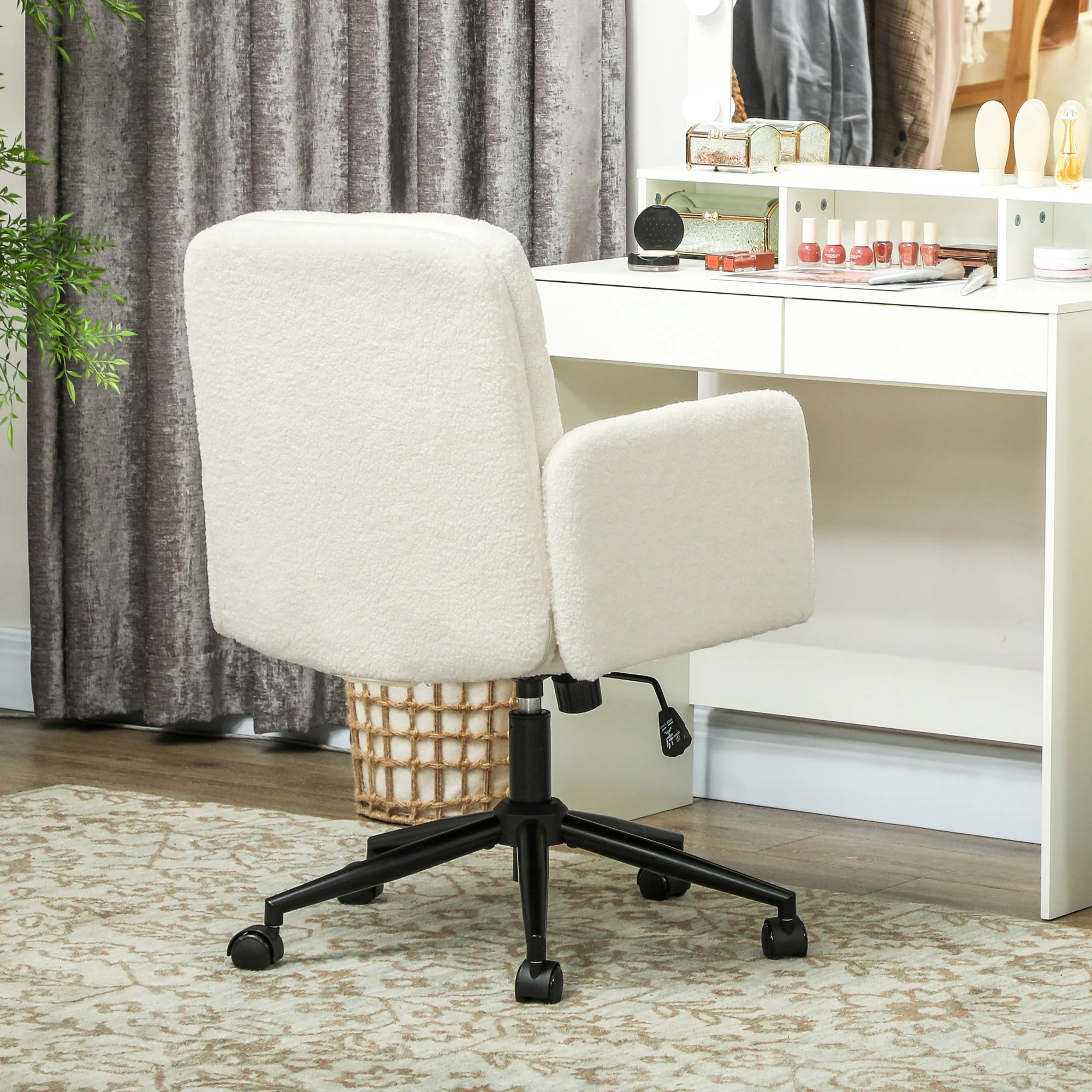 Chaise de bureau, fauteuil ergonomique en tissu effet laine bouclée avec hauteur réglable, fonction de bascule, pivotant 360° et assise rembourrée, pour salon, chambre, télétravail, crème - Image 9