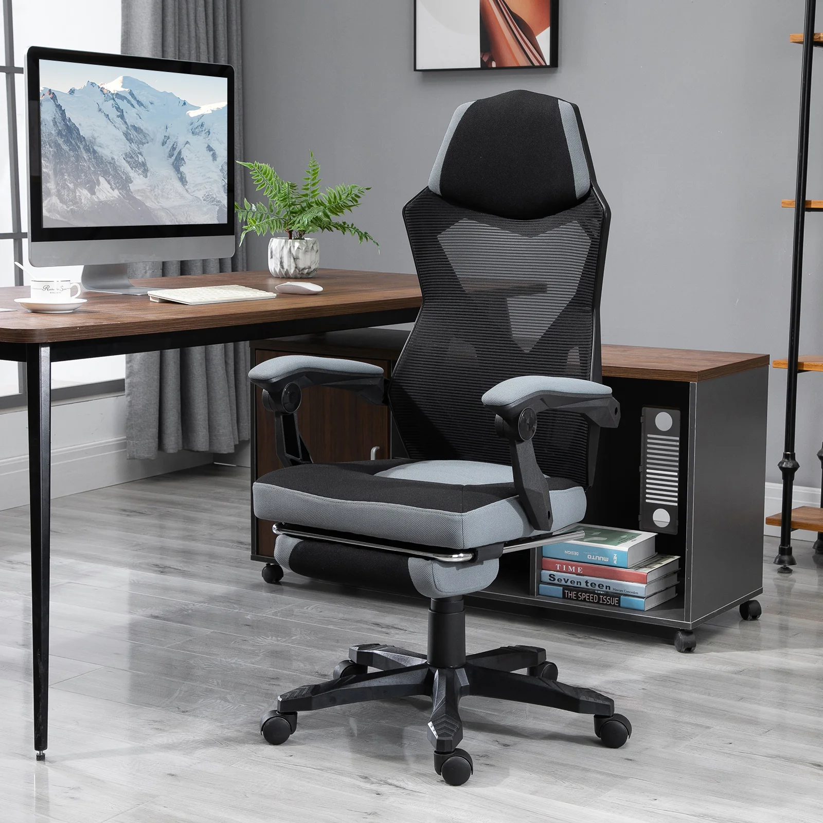 Chaise de bureau fauteuil gaming hauteur réglable dossier roulettes pivotantes repose-pied tissu en maille 58L x 63l x 112-122H cm gris noir - Image 3