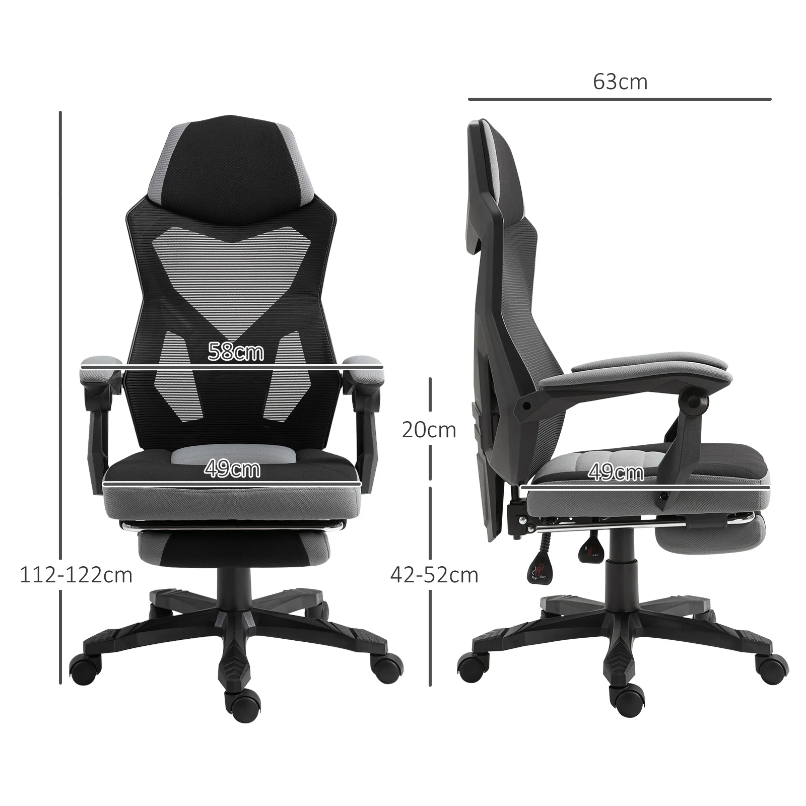 Chaise de bureau fauteuil gaming hauteur réglable dossier roulettes pivotantes repose-pied tissu en maille 58L x 63l x 112-122H cm gris noir - Image 4