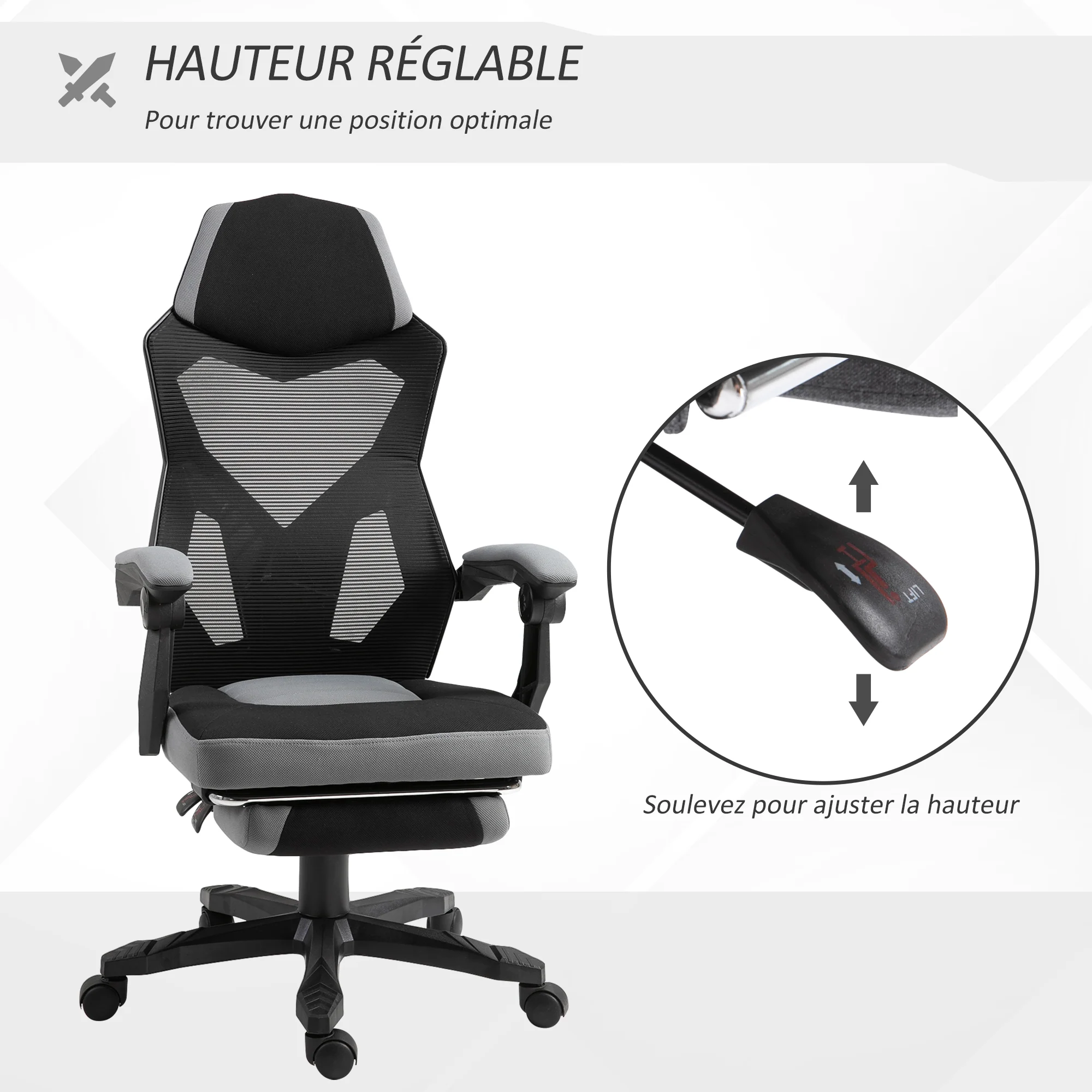 Chaise de bureau fauteuil gaming hauteur réglable dossier roulettes pivotantes repose-pied tissu en maille 58L x 63l x 112-122H cm gris noir - Image 5