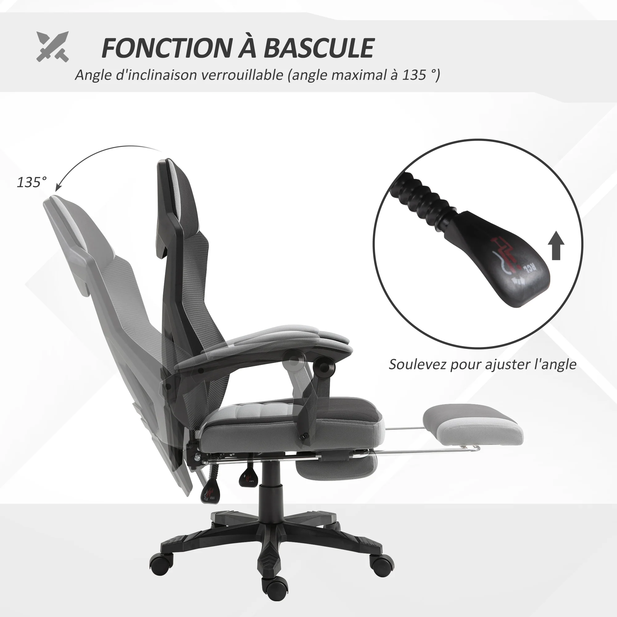 Chaise de bureau fauteuil gaming hauteur réglable dossier roulettes pivotantes repose-pied tissu en maille 58L x 63l x 112-122H cm gris noir - Image 6