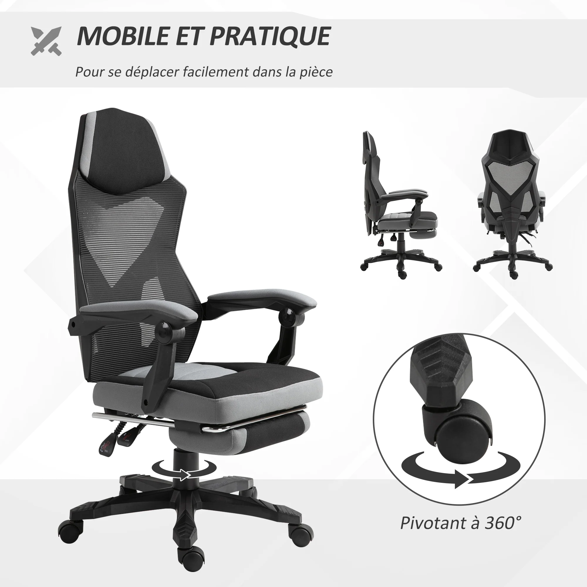 Chaise de bureau fauteuil gaming hauteur réglable dossier roulettes pivotantes repose-pied tissu en maille 58L x 63l x 112-122H cm gris noir - Image 7