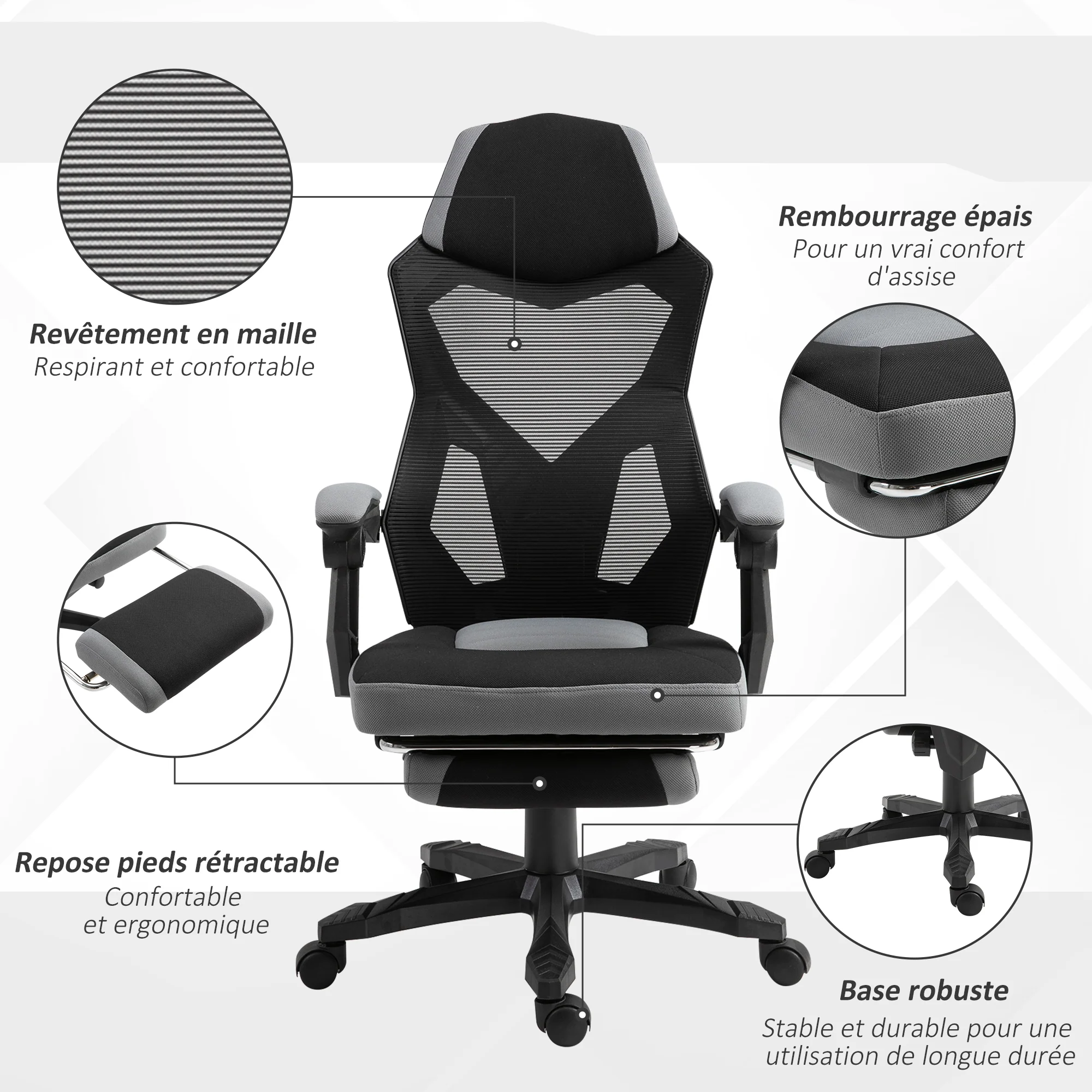 Chaise de bureau fauteuil gaming hauteur réglable dossier roulettes pivotantes repose-pied tissu en maille 58L x 63l x 112-122H cm gris noir - Image 8