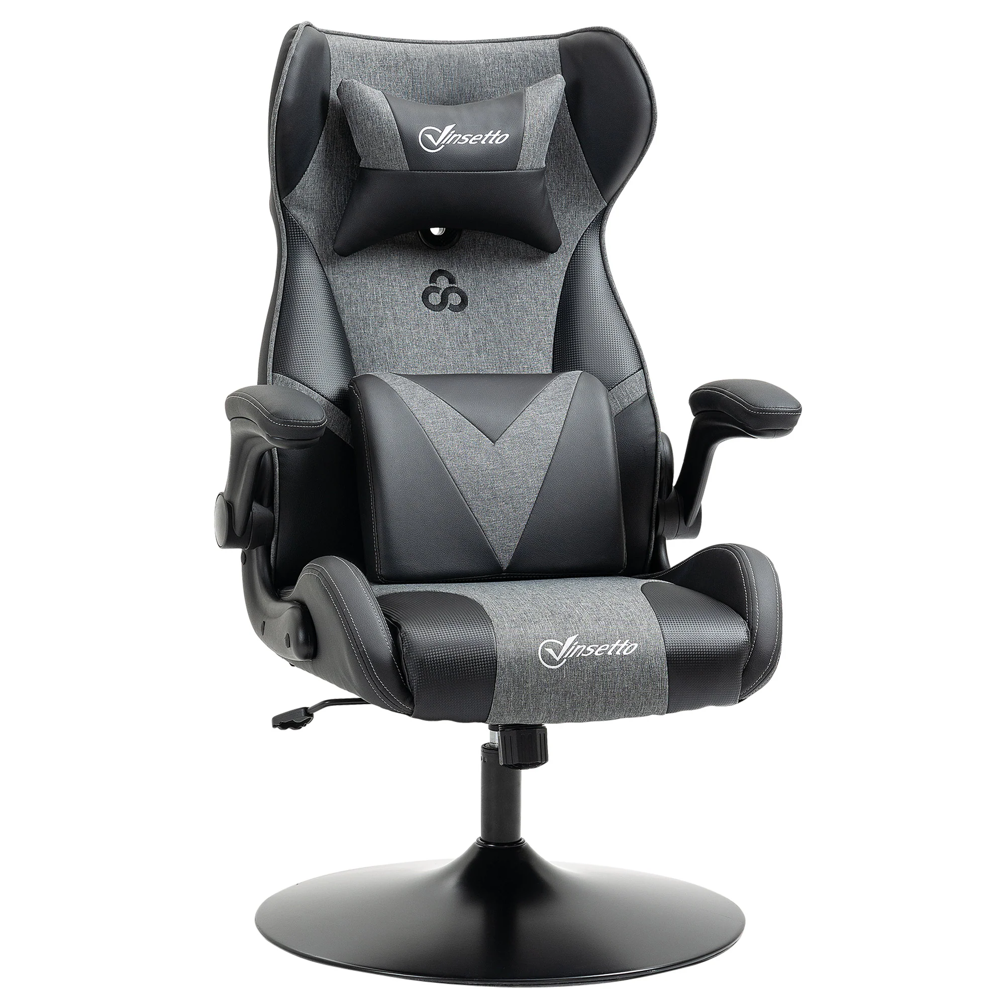 Chaise de gaming ergonomique avec base ronde hauteur réglable accoudoir relevable coussins tétière et lombaires PU gris noir - Image 11