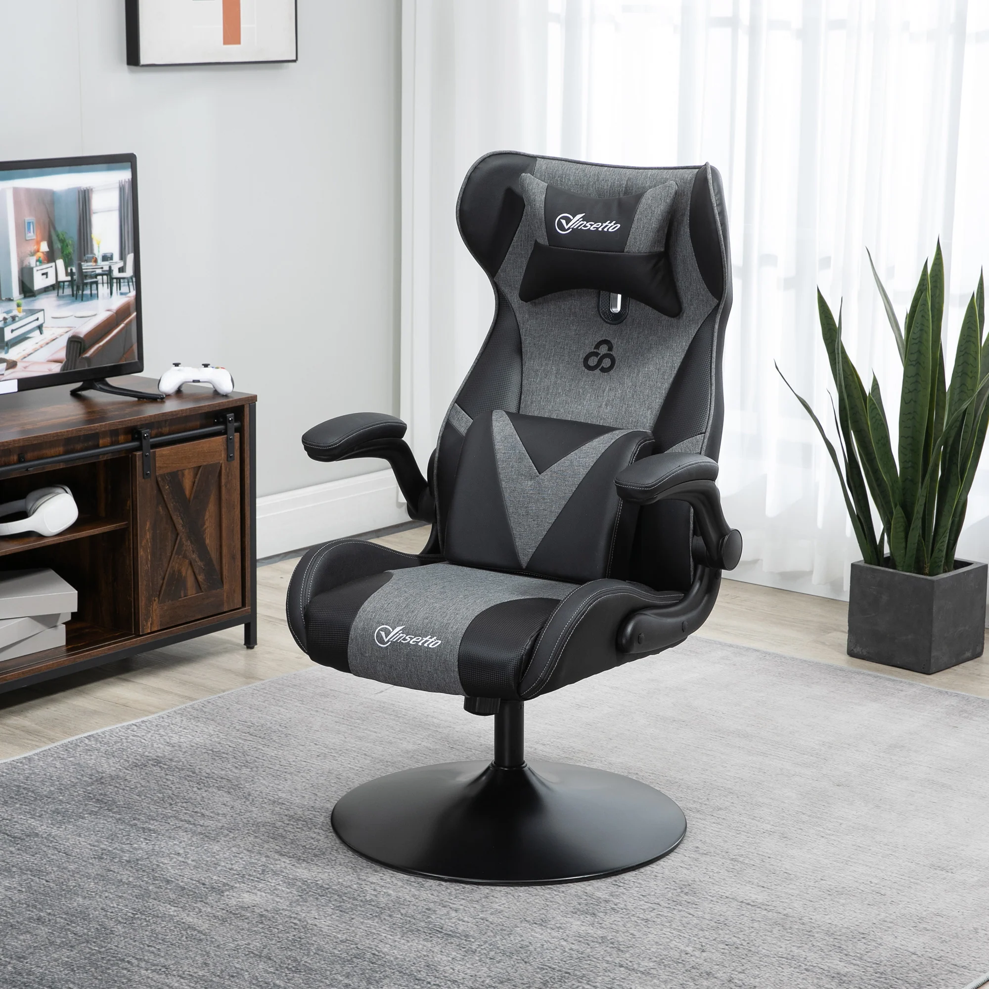 Chaise de gaming ergonomique avec base ronde hauteur réglable accoudoir relevable coussins tétière et lombaires PU gris noir - Image 3