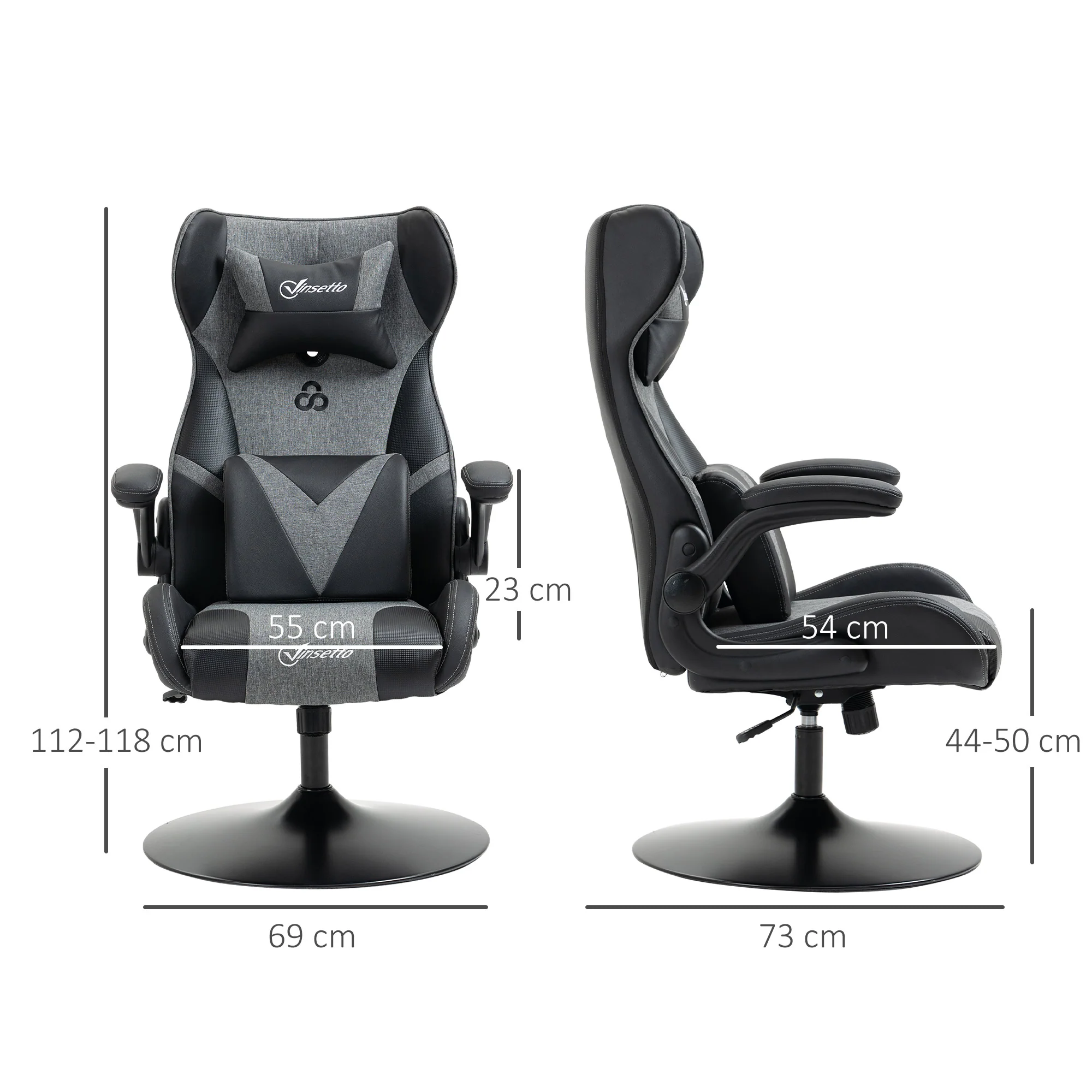 Chaise de gaming ergonomique avec base ronde hauteur réglable accoudoir relevable coussins tétière et lombaires PU gris noir - Image 4