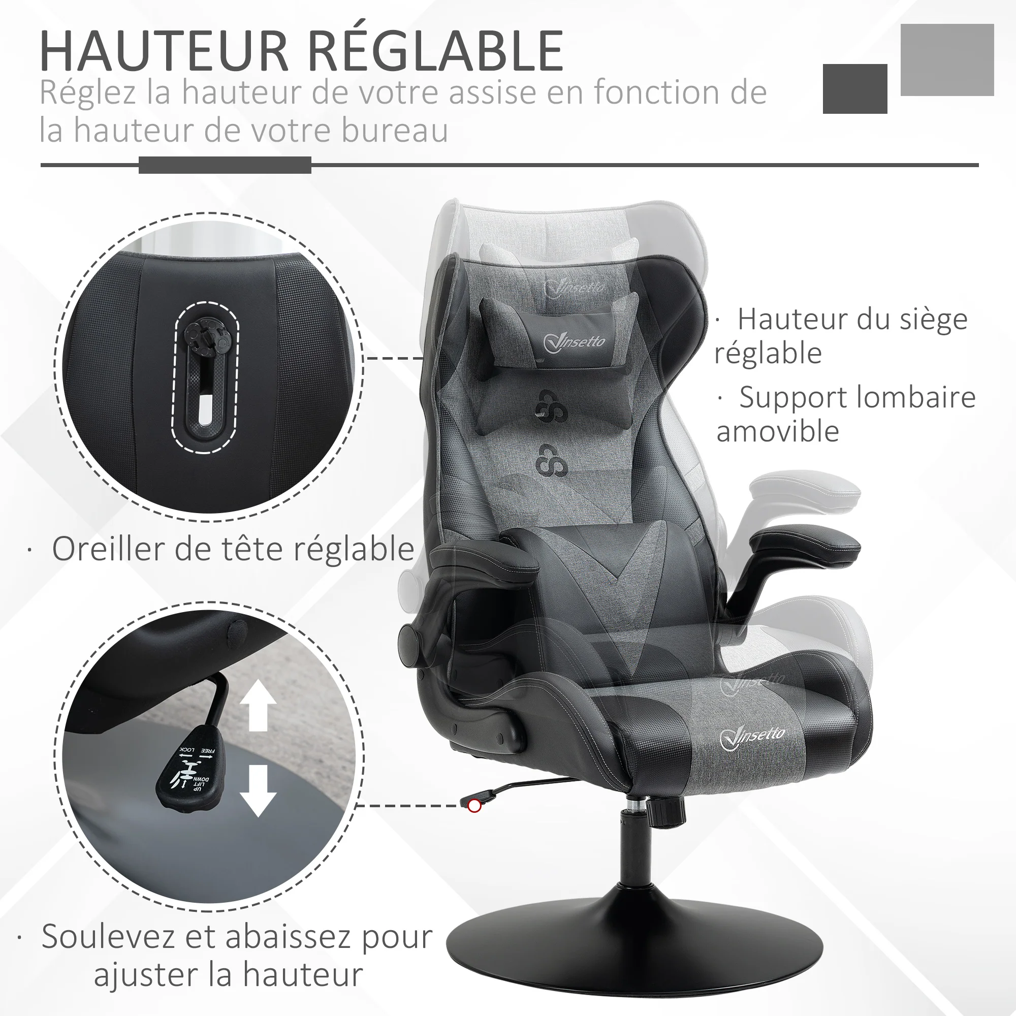 Chaise de gaming ergonomique avec base ronde hauteur réglable accoudoir relevable coussins tétière et lombaires PU gris noir - Image 5