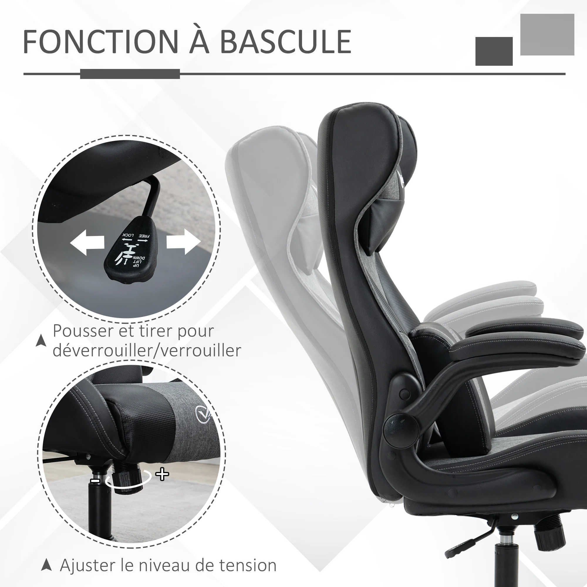 Chaise de gaming ergonomique avec base ronde hauteur réglable accoudoir relevable coussins tétière et lombaires PU gris noir - Image 6