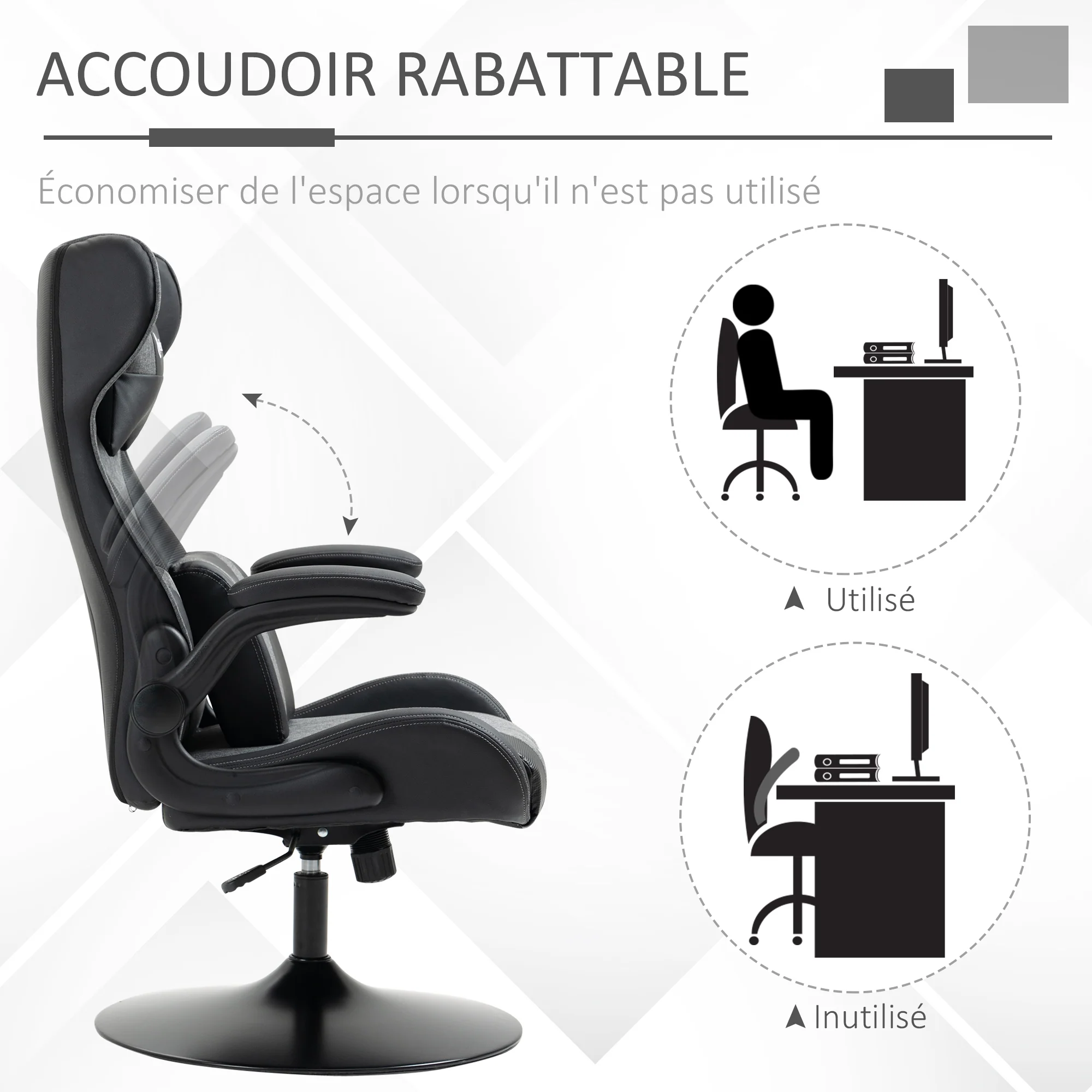 Chaise de gaming ergonomique avec base ronde hauteur réglable accoudoir relevable coussins tétière et lombaires PU gris noir - Image 7