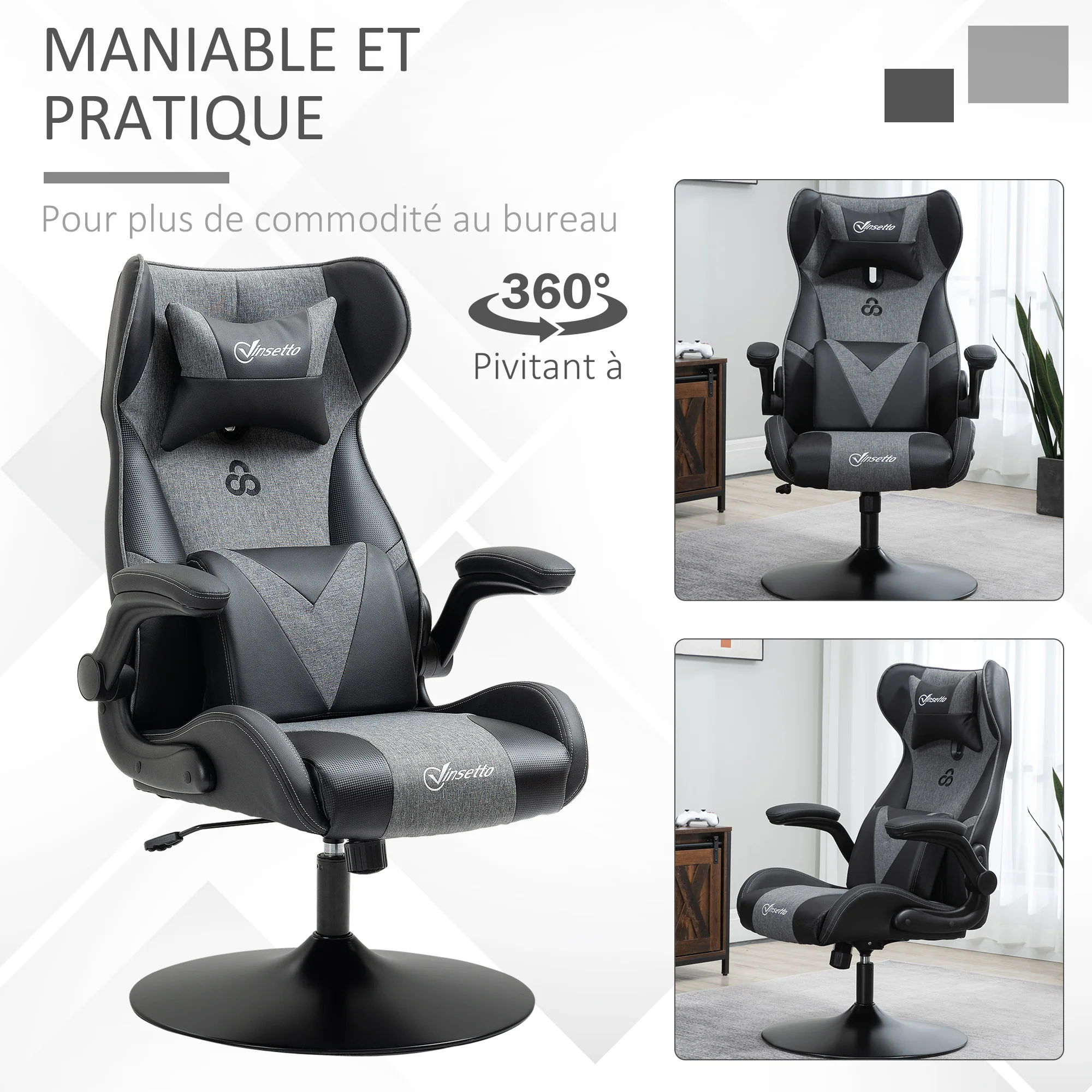 Chaise de gaming ergonomique avec base ronde hauteur réglable accoudoir relevable coussins tétière et lombaires PU gris noir - Image 8