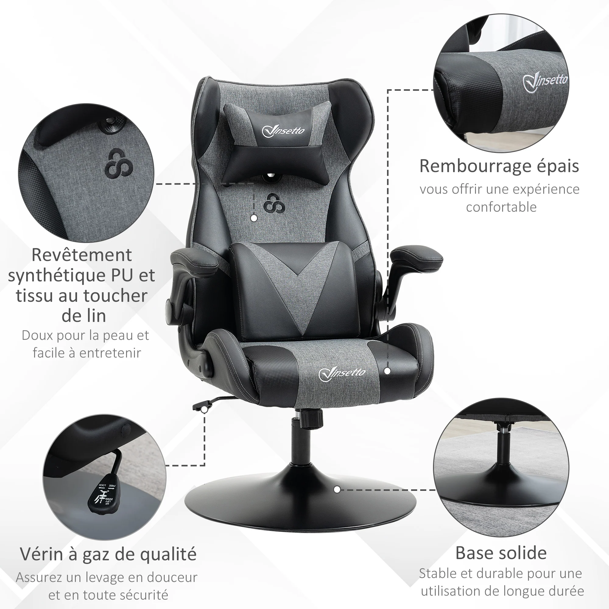 Chaise de gaming ergonomique avec base ronde hauteur réglable accoudoir relevable coussins tétière et lombaires PU gris noir - Image 9