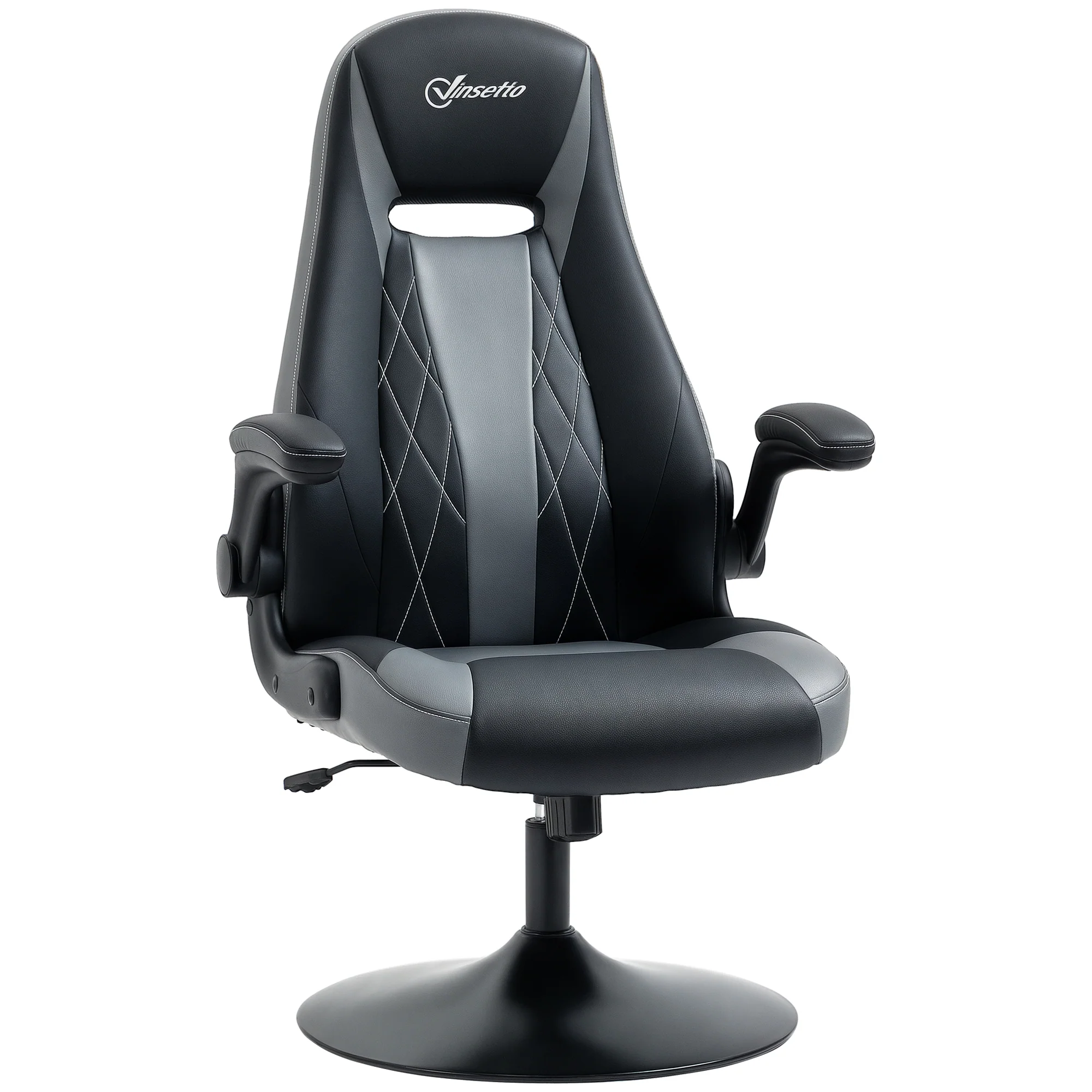 Chaise de gaming ergonomique avec base ronde métal pivotante 360° hauteur réglable têtière accoudoirs relevables PVC gris noir - Image 11