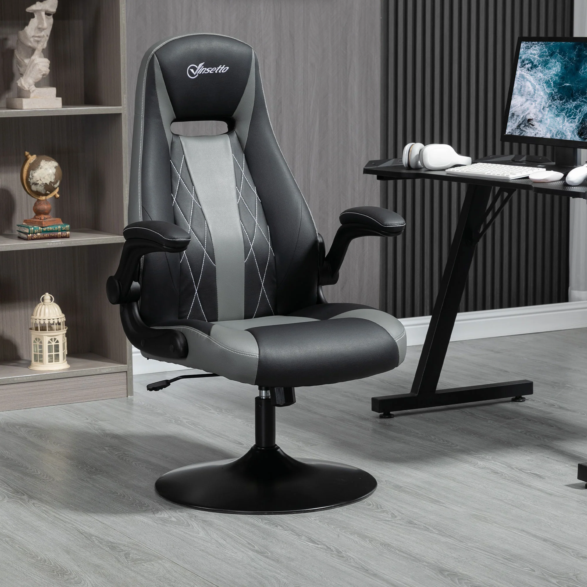 Chaise de gaming ergonomique avec base ronde métal pivotante 360° hauteur réglable têtière accoudoirs relevables PVC gris noir - Image 3