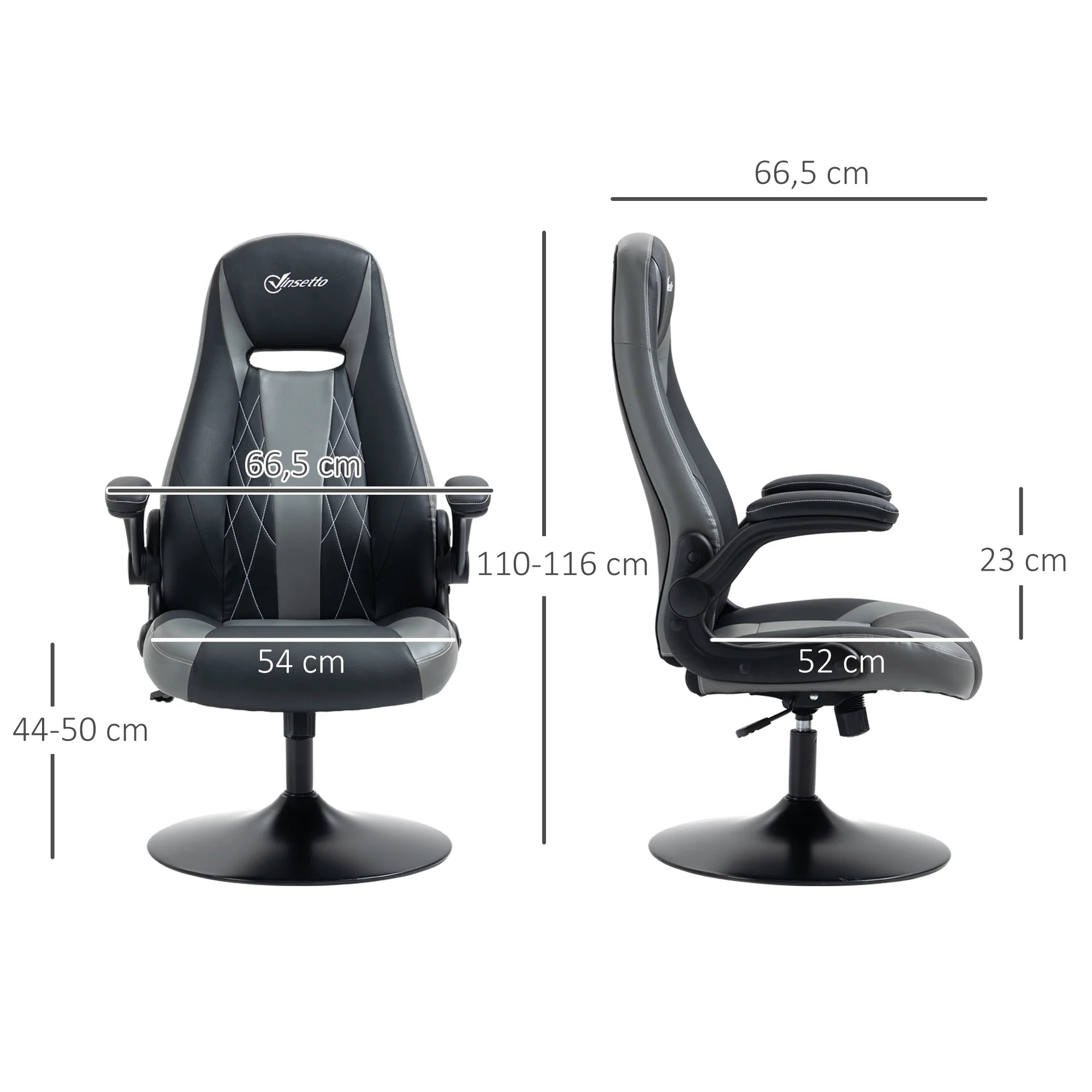 Chaise de gaming ergonomique avec base ronde métal pivotante 360° hauteur réglable têtière accoudoirs relevables PVC gris noir - Image 4