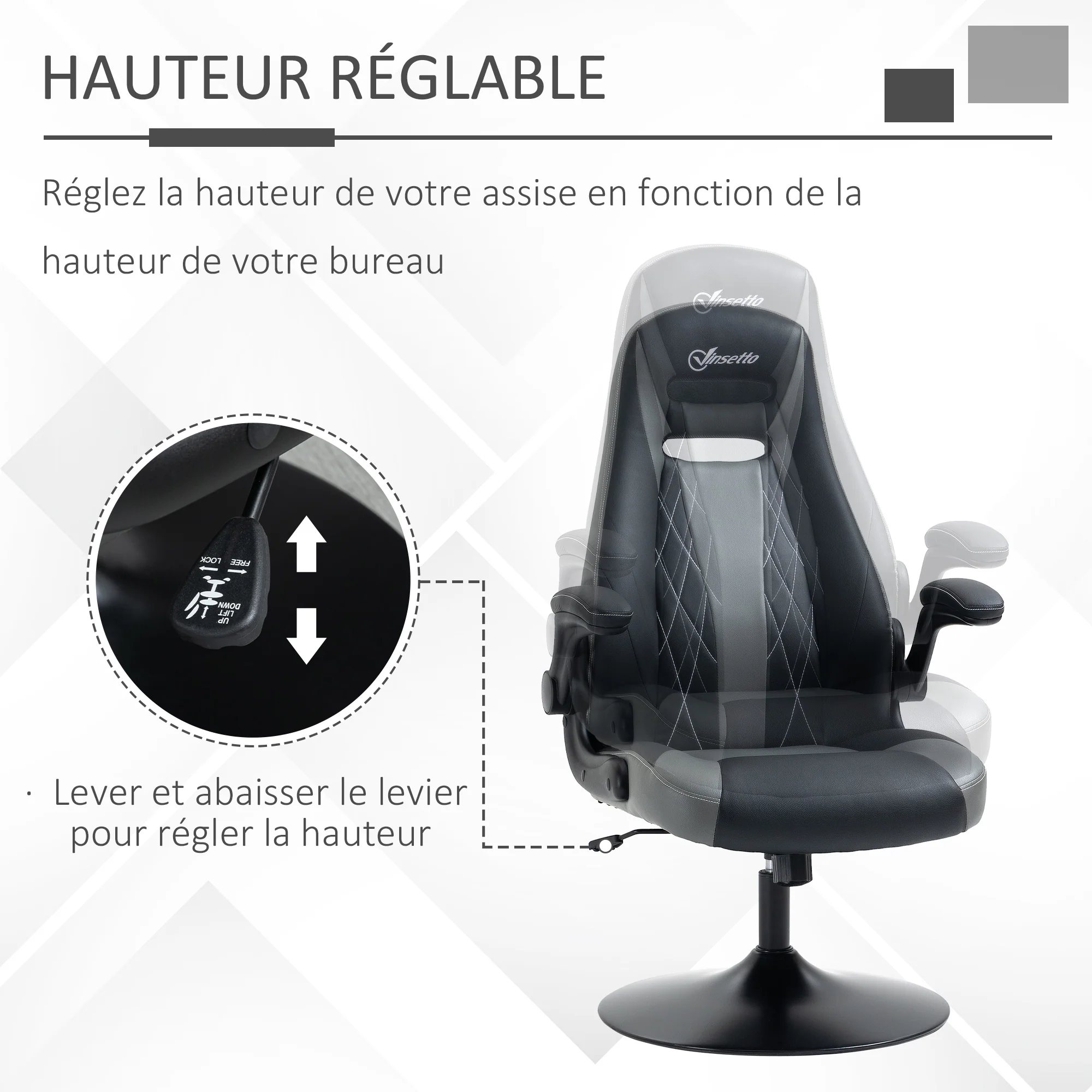 Chaise de gaming ergonomique avec base ronde métal pivotante 360° hauteur réglable têtière accoudoirs relevables PVC gris noir - Image 5