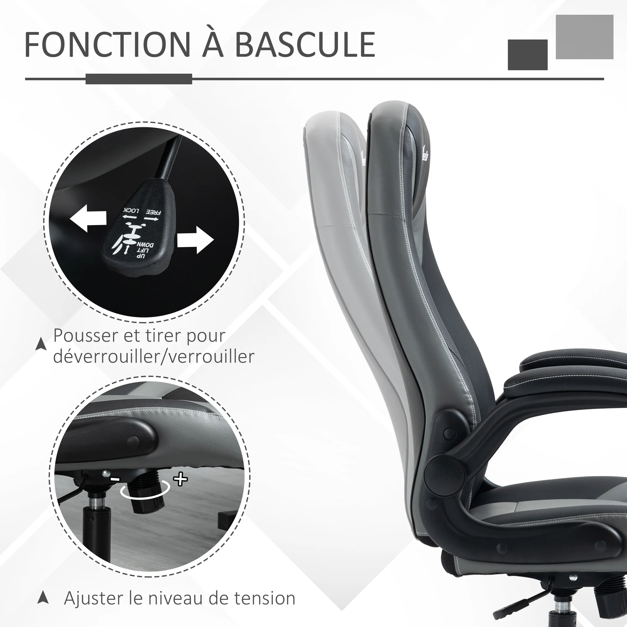 Chaise de gaming ergonomique avec base ronde métal pivotante 360° hauteur réglable têtière accoudoirs relevables PVC gris noir - Image 6