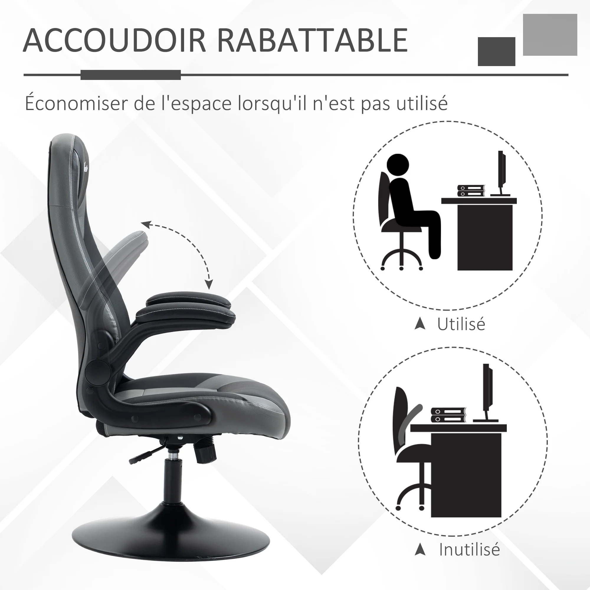 Chaise de gaming ergonomique avec base ronde métal pivotante 360° hauteur réglable têtière accoudoirs relevables PVC gris noir - Image 7