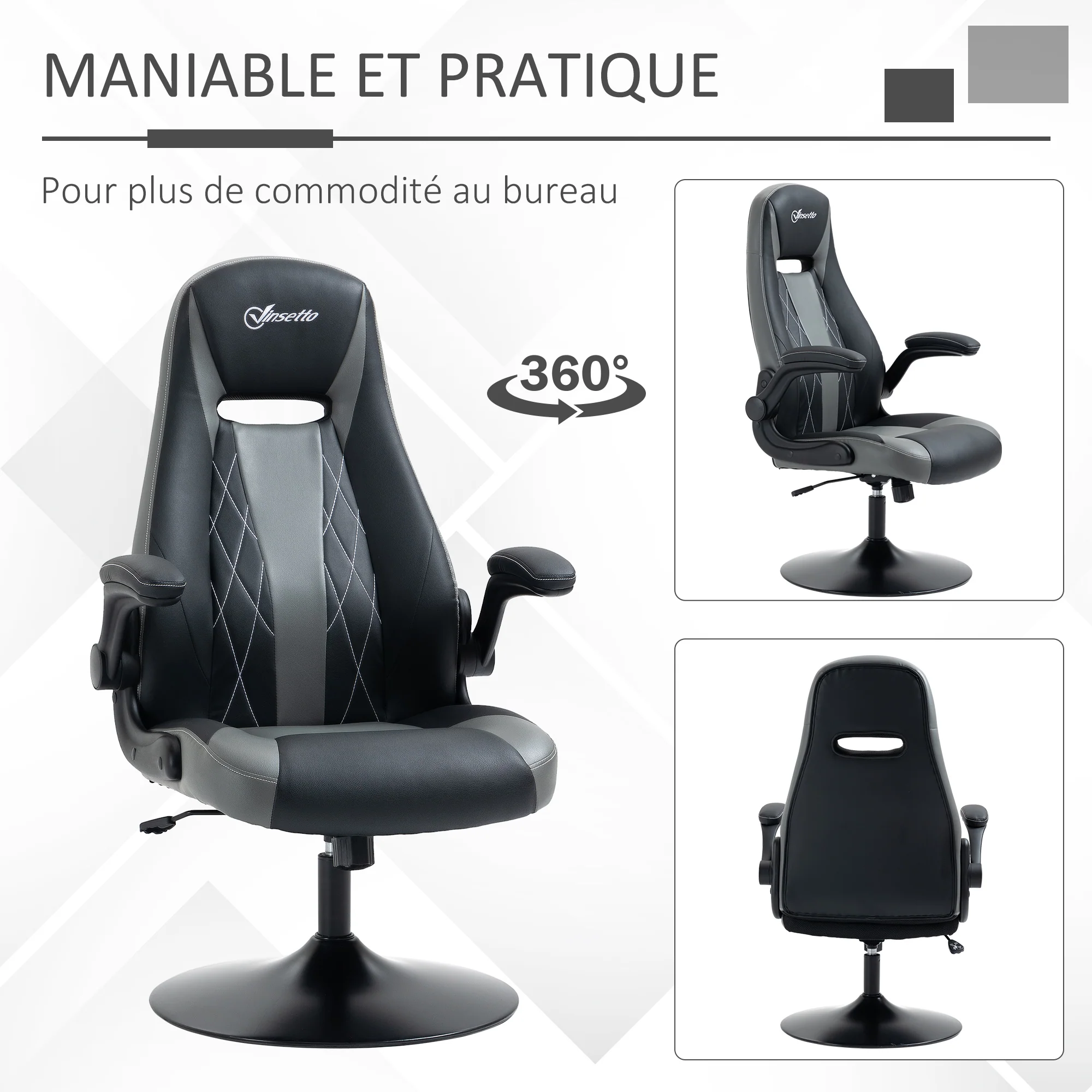 Chaise de gaming ergonomique avec base ronde métal pivotante 360° hauteur réglable têtière accoudoirs relevables PVC gris noir - Image 8