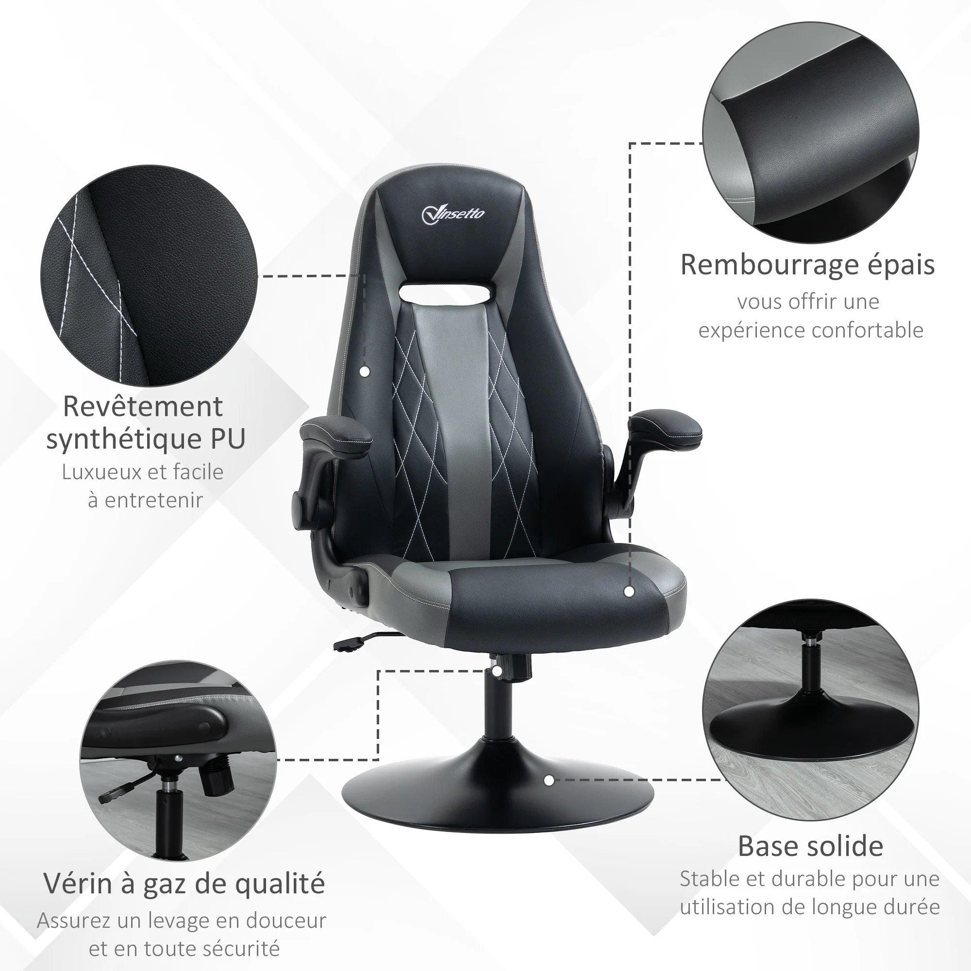 Chaise de gaming ergonomique avec base ronde métal pivotante 360° hauteur réglable têtière accoudoirs relevables PVC gris noir - Image 9
