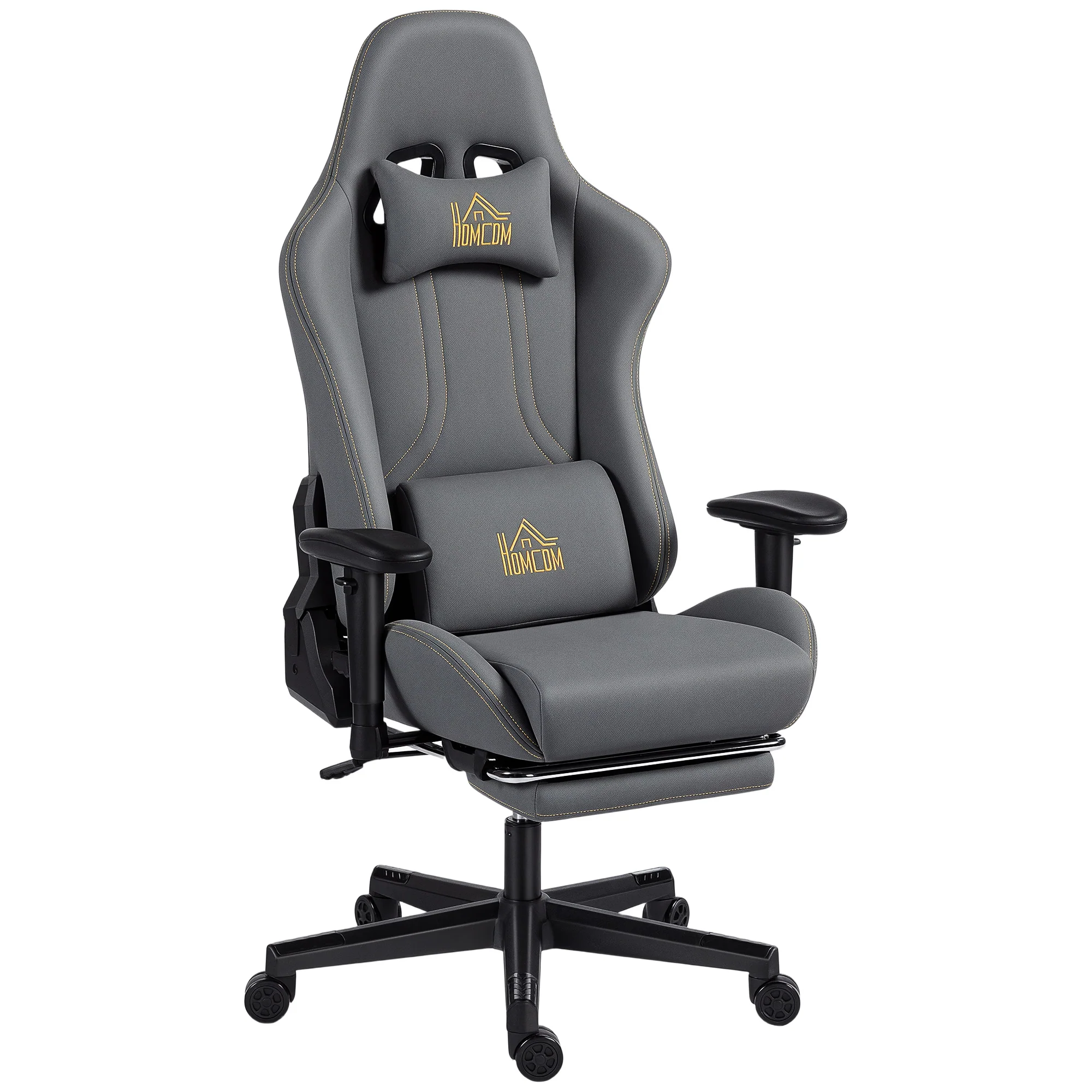Chaise gaming ergonomique avec accoudoirs réglables, fauteuil gamer en suède avec dossier inclinable, hauteur réglable, repose-pieds, appui-tête, soutien lombaire et pivotant à 360°, gris - Image 11