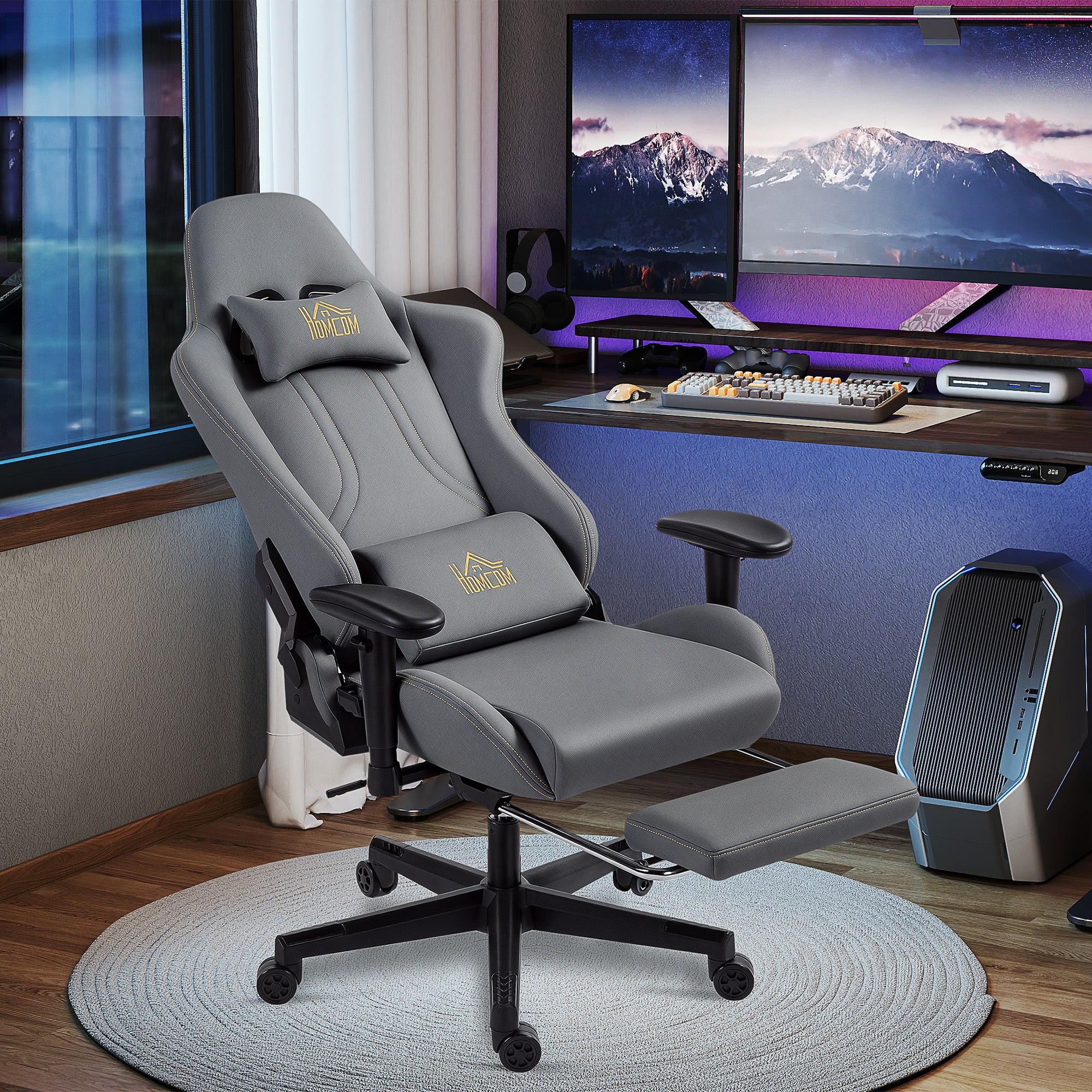 Chaise gaming ergonomique avec accoudoirs réglables, fauteuil gamer en suède avec dossier inclinable, hauteur réglable, repose-pieds, appui-tête, soutien lombaire et pivotant à 360°, gris - Image 3