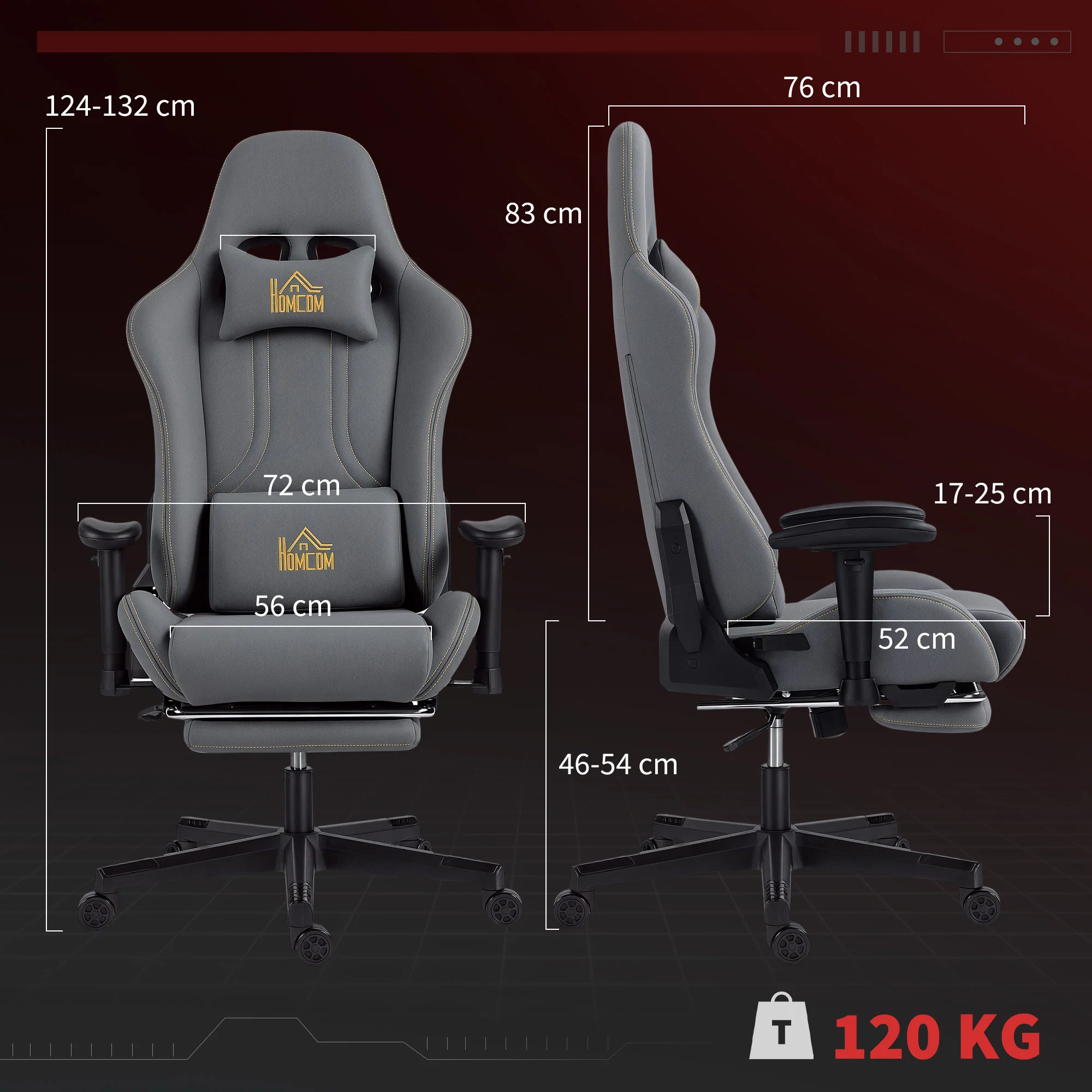 Chaise gaming ergonomique avec accoudoirs réglables, fauteuil gamer en suède avec dossier inclinable, hauteur réglable, repose-pieds, appui-tête, soutien lombaire et pivotant à 360°, gris - Image 4