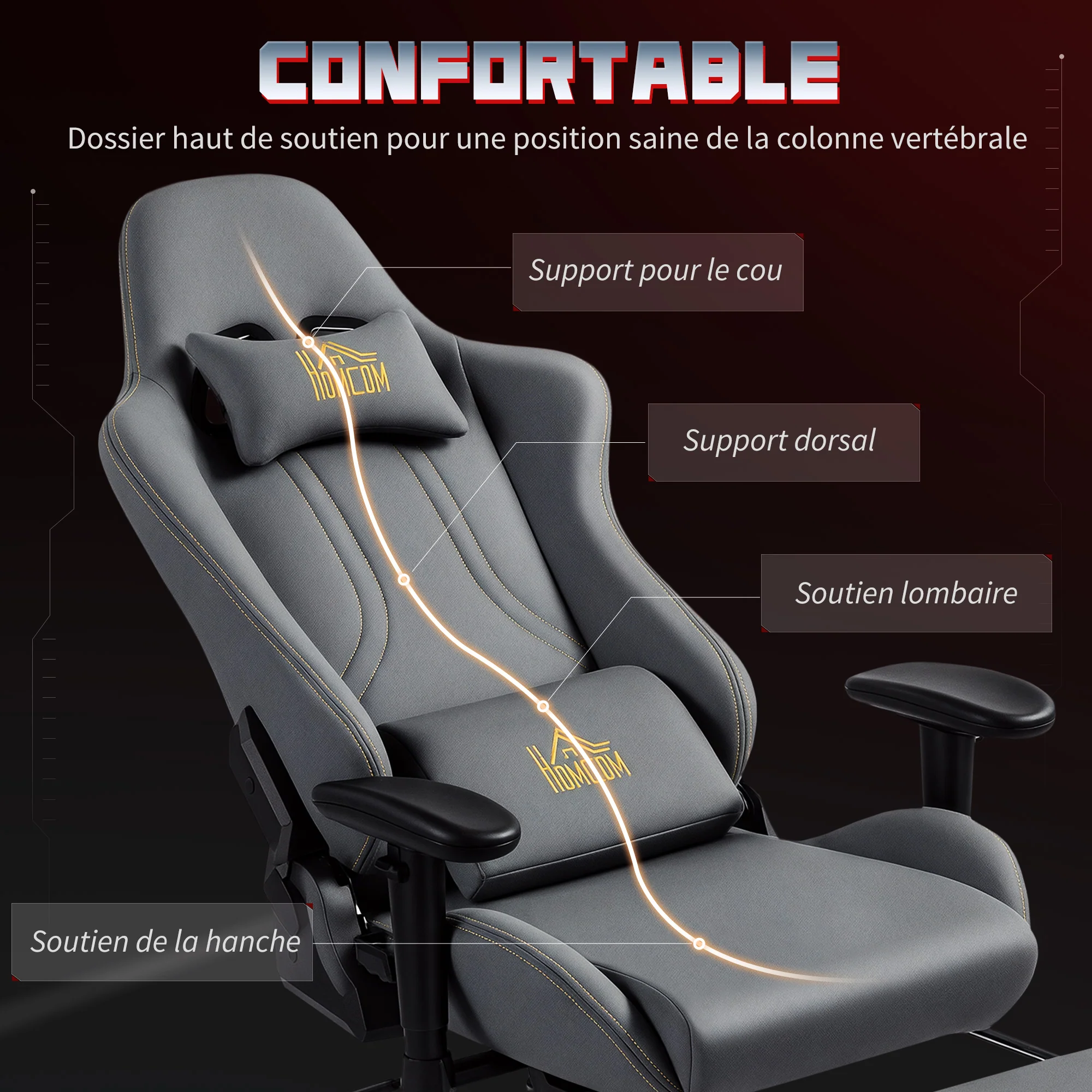 Chaise gaming ergonomique avec accoudoirs réglables, fauteuil gamer en suède avec dossier inclinable, hauteur réglable, repose-pieds, appui-tête, soutien lombaire et pivotant à 360°, gris - Image 5