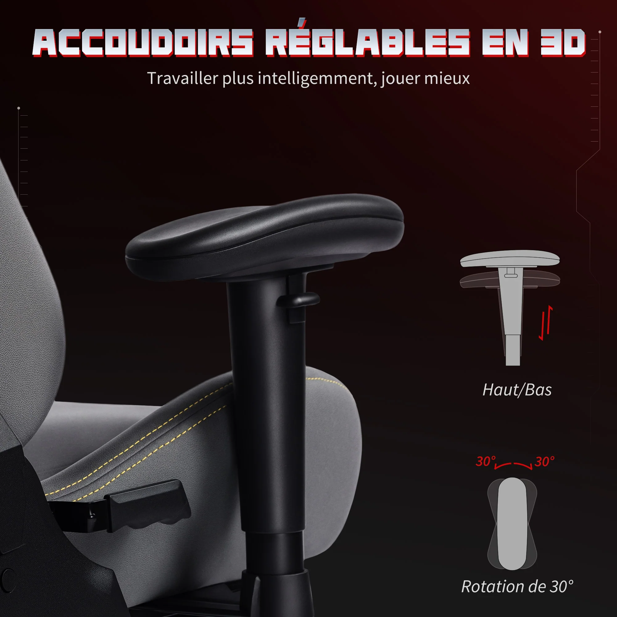 Chaise gaming ergonomique avec accoudoirs réglables, fauteuil gamer en suède avec dossier inclinable, hauteur réglable, repose-pieds, appui-tête, soutien lombaire et pivotant à 360°, gris - Image 7