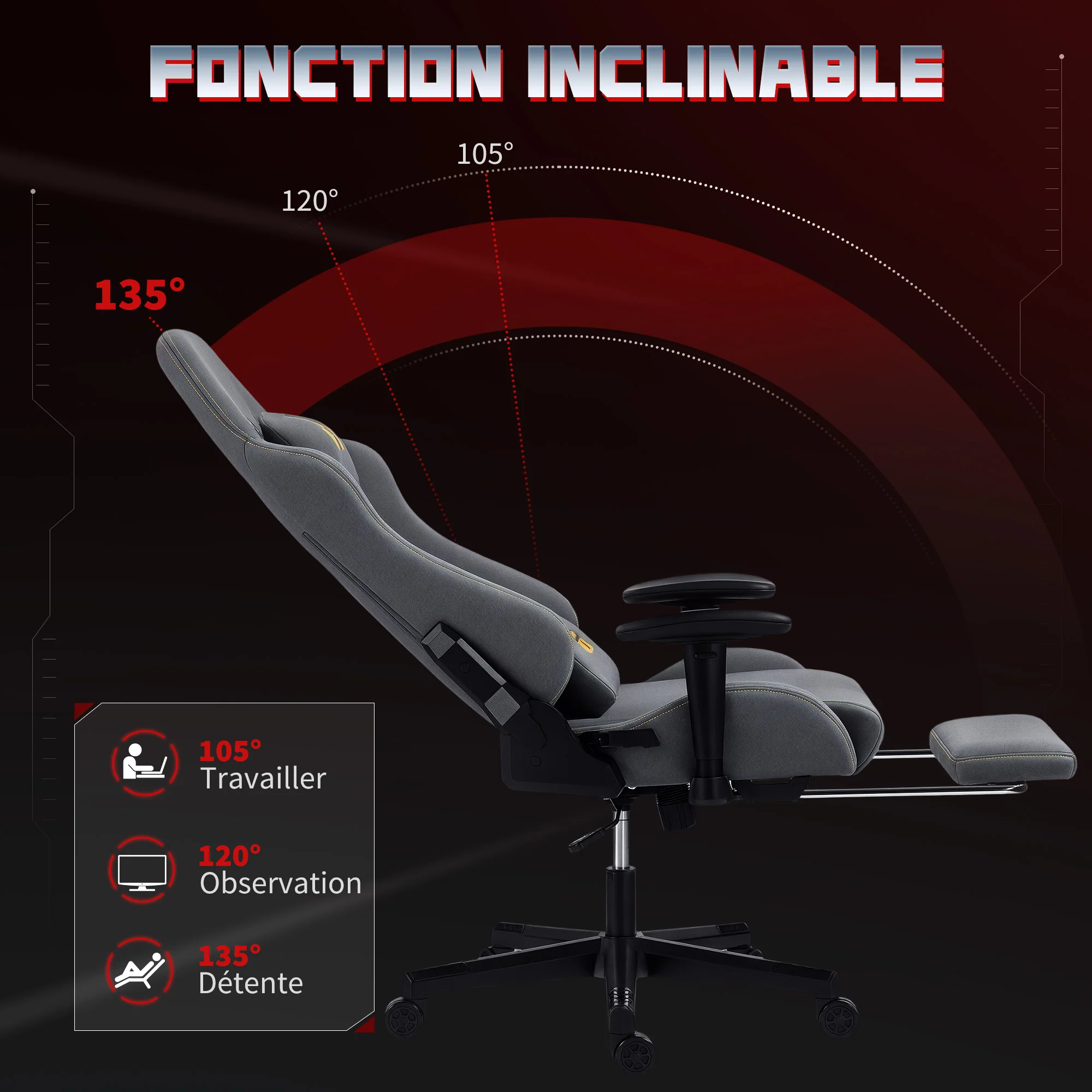 Chaise gaming ergonomique avec accoudoirs réglables, fauteuil gamer en suède avec dossier inclinable, hauteur réglable, repose-pieds, appui-tête, soutien lombaire et pivotant à 360°, gris - Image 8
