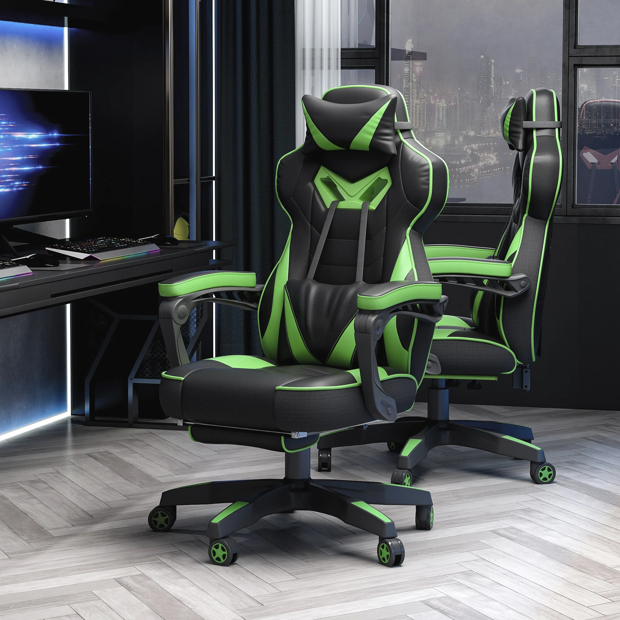 Chaise gaming Ergonomique, Fauteuil de Bureau confortable avec Repose-Pied, Appuie-Tête et coussin lombaire, Hauteur Réglable, noir et vert - Image 11