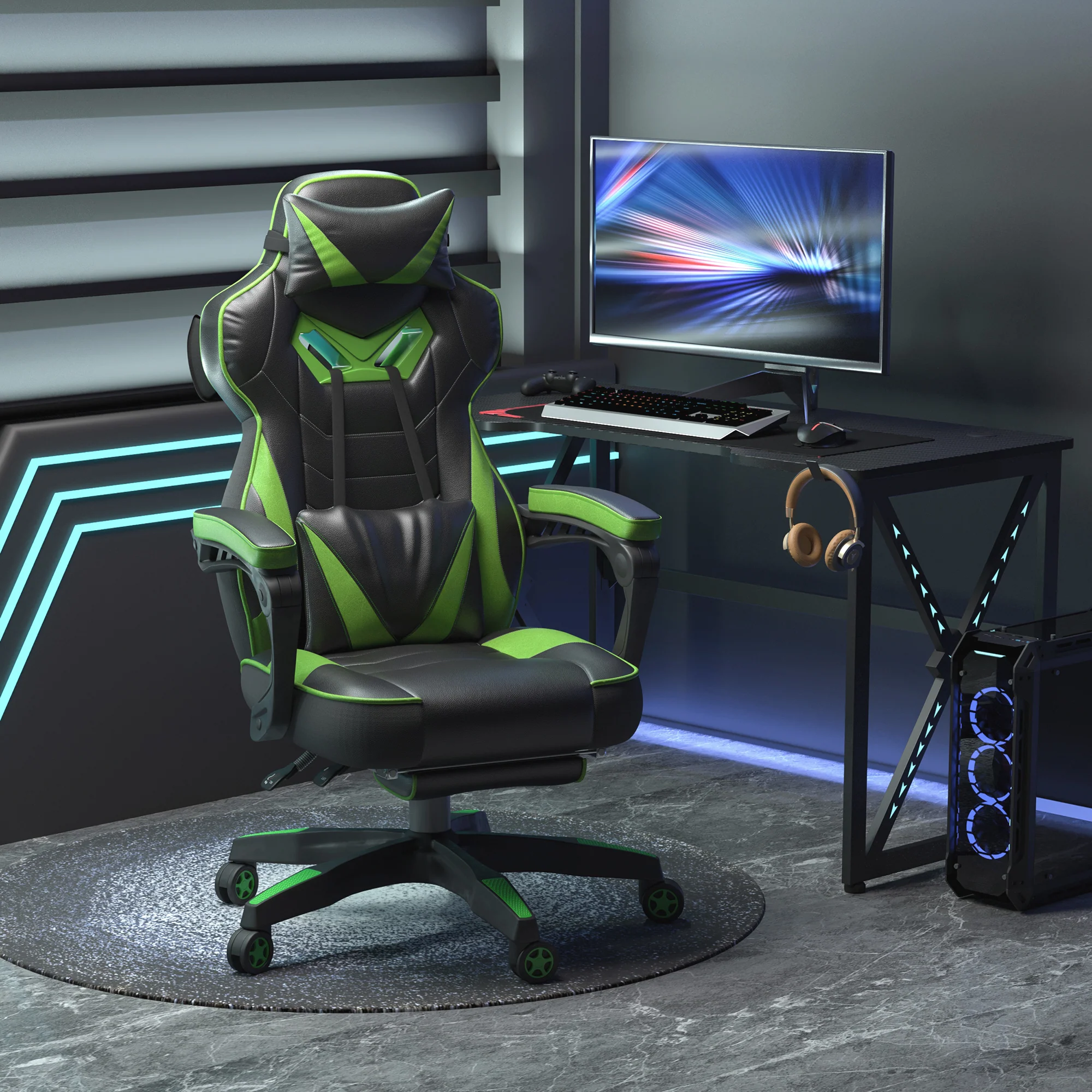 Chaise gaming Ergonomique, Fauteuil de Bureau confortable avec Repose-Pied, Appuie-Tête et coussin lombaire, Hauteur Réglable, noir et vert - Image 3
