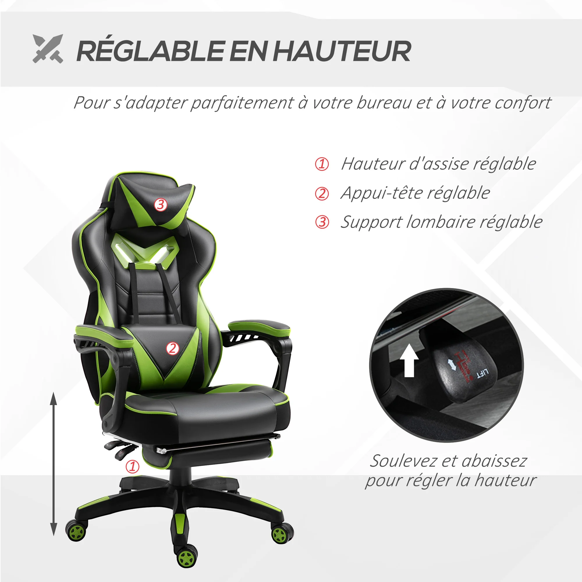 Chaise gaming Ergonomique, Fauteuil de Bureau confortable avec Repose-Pied, Appuie-Tête et coussin lombaire, Hauteur Réglable, noir et vert - Image 5