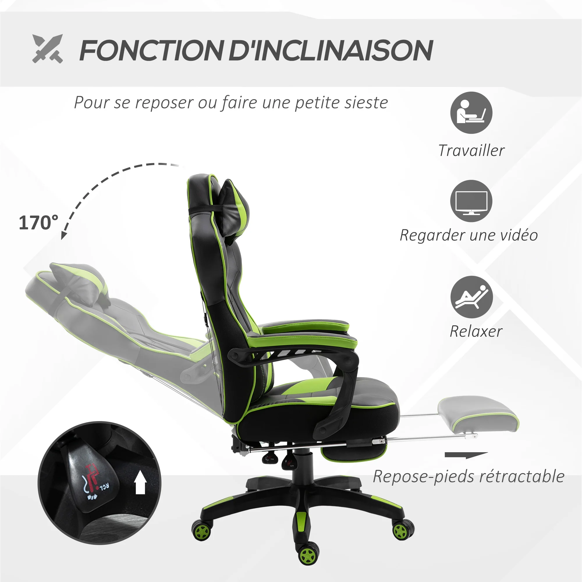 Chaise gaming Ergonomique, Fauteuil de Bureau confortable avec Repose-Pied, Appuie-Tête et coussin lombaire, Hauteur Réglable, noir et vert - Image 6