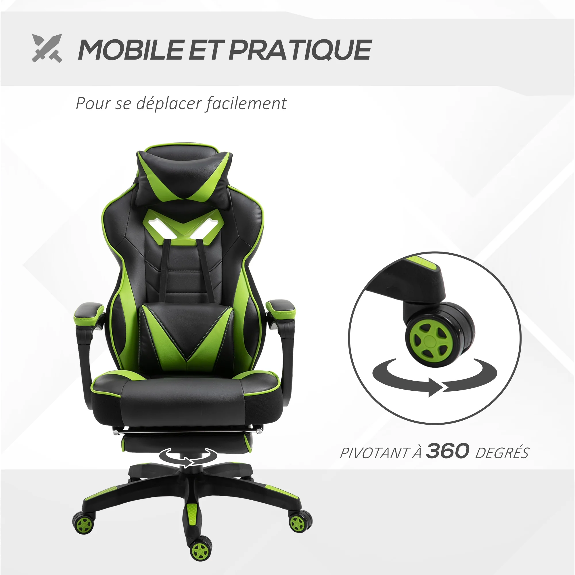 Chaise gaming Ergonomique, Fauteuil de Bureau confortable avec Repose-Pied, Appuie-Tête et coussin lombaire, Hauteur Réglable, noir et vert - Image 7