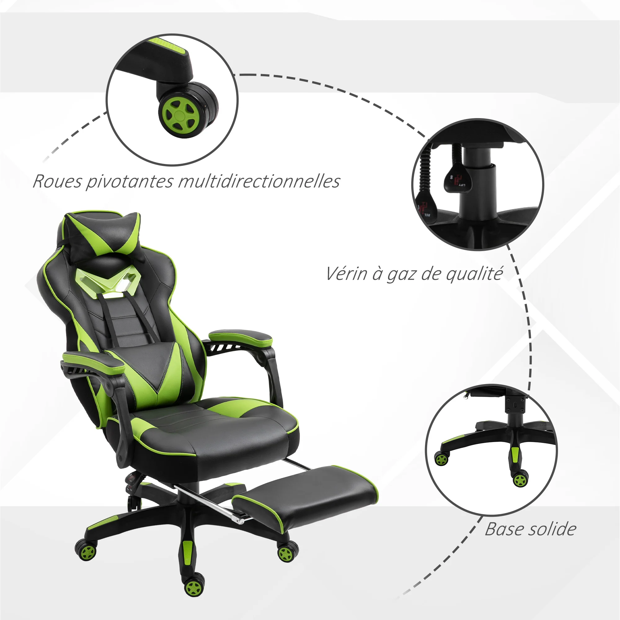 Chaise gaming Ergonomique, Fauteuil de Bureau confortable avec Repose-Pied, Appuie-Tête et coussin lombaire, Hauteur Réglable, noir et vert - Image 8