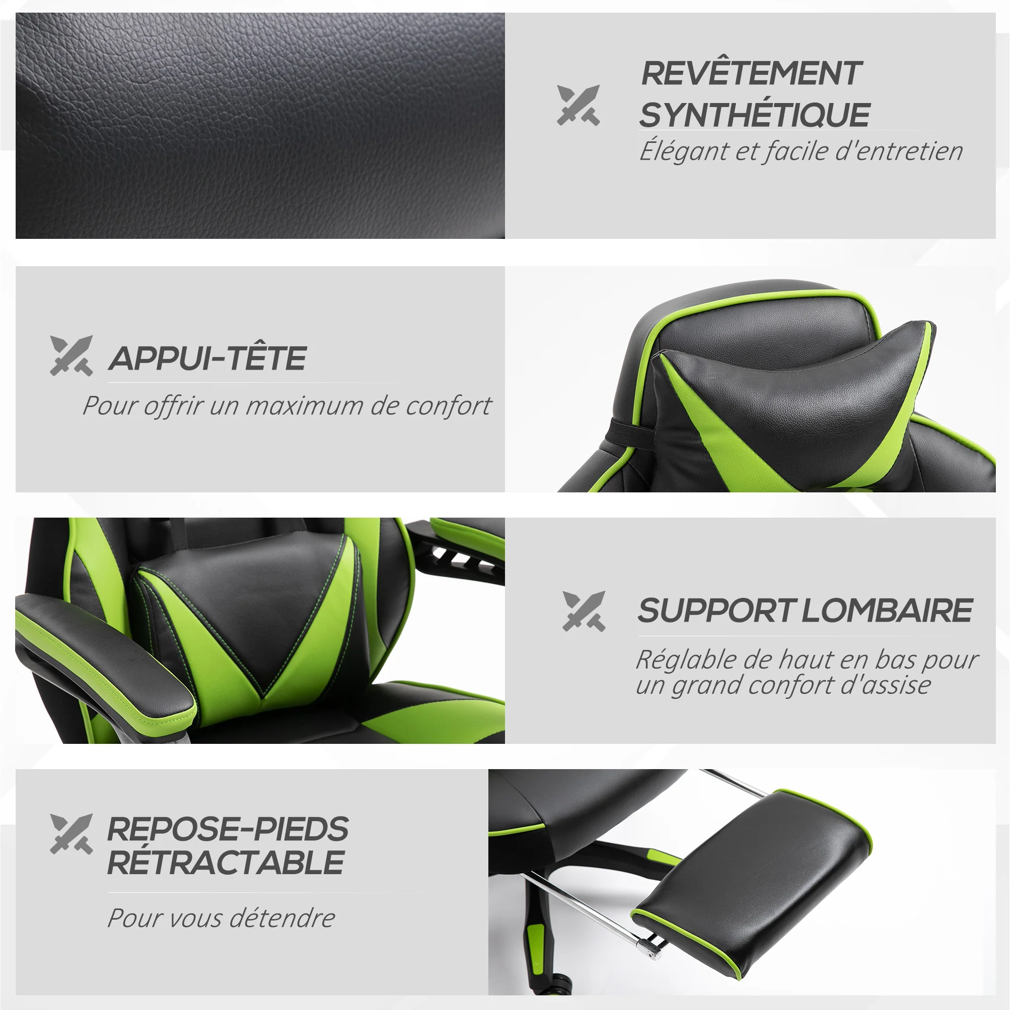 Chaise gaming Ergonomique, Fauteuil de Bureau confortable avec Repose-Pied, Appuie-Tête et coussin lombaire, Hauteur Réglable, noir et vert - Image 9