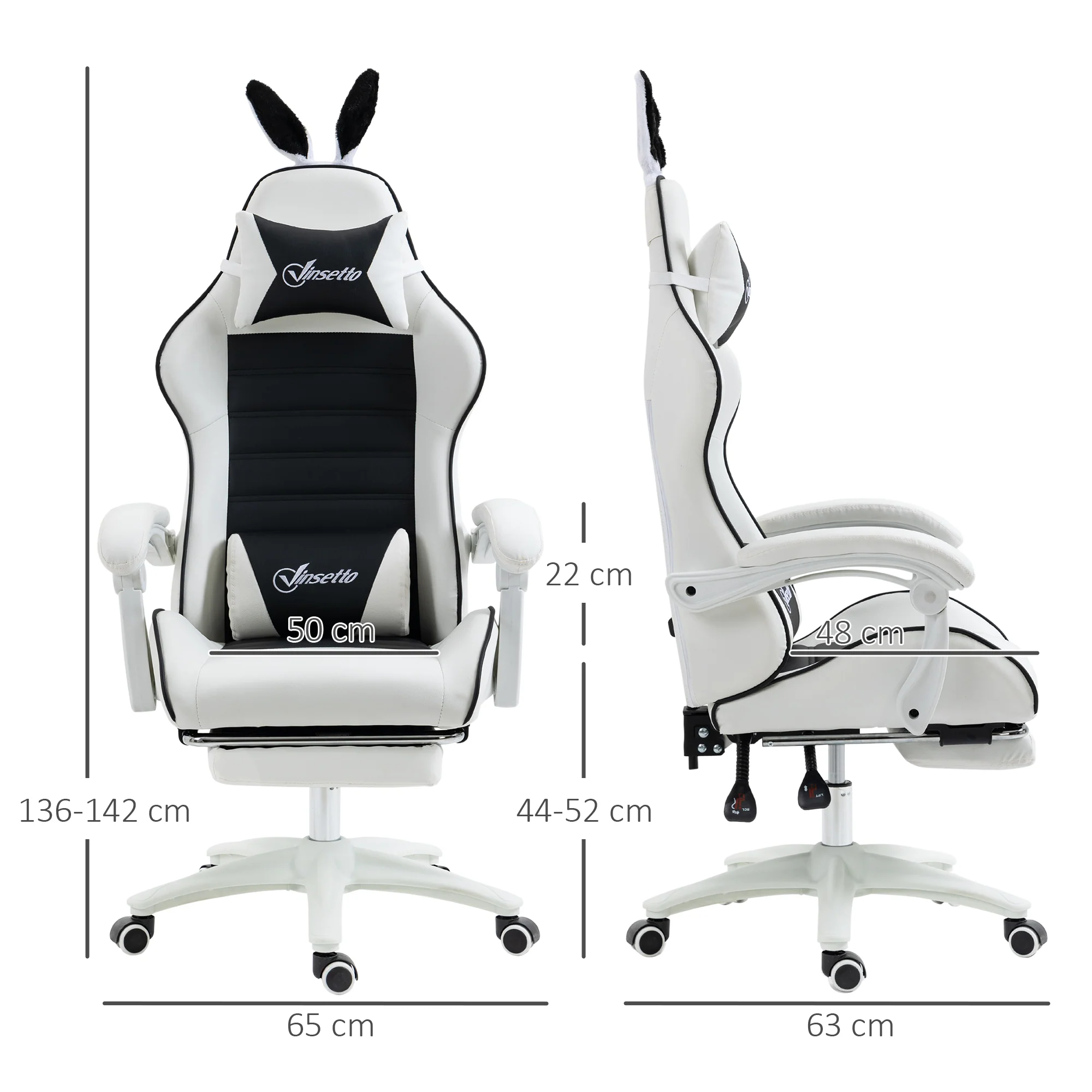 Chaise gaming fauteuil gamer fauteuil de bureau ergonomique avec support lombaire, hauteur réglable, dossier inclinable, repose-pieds, oreilles de lapin et appui-tête, noir - Image 4