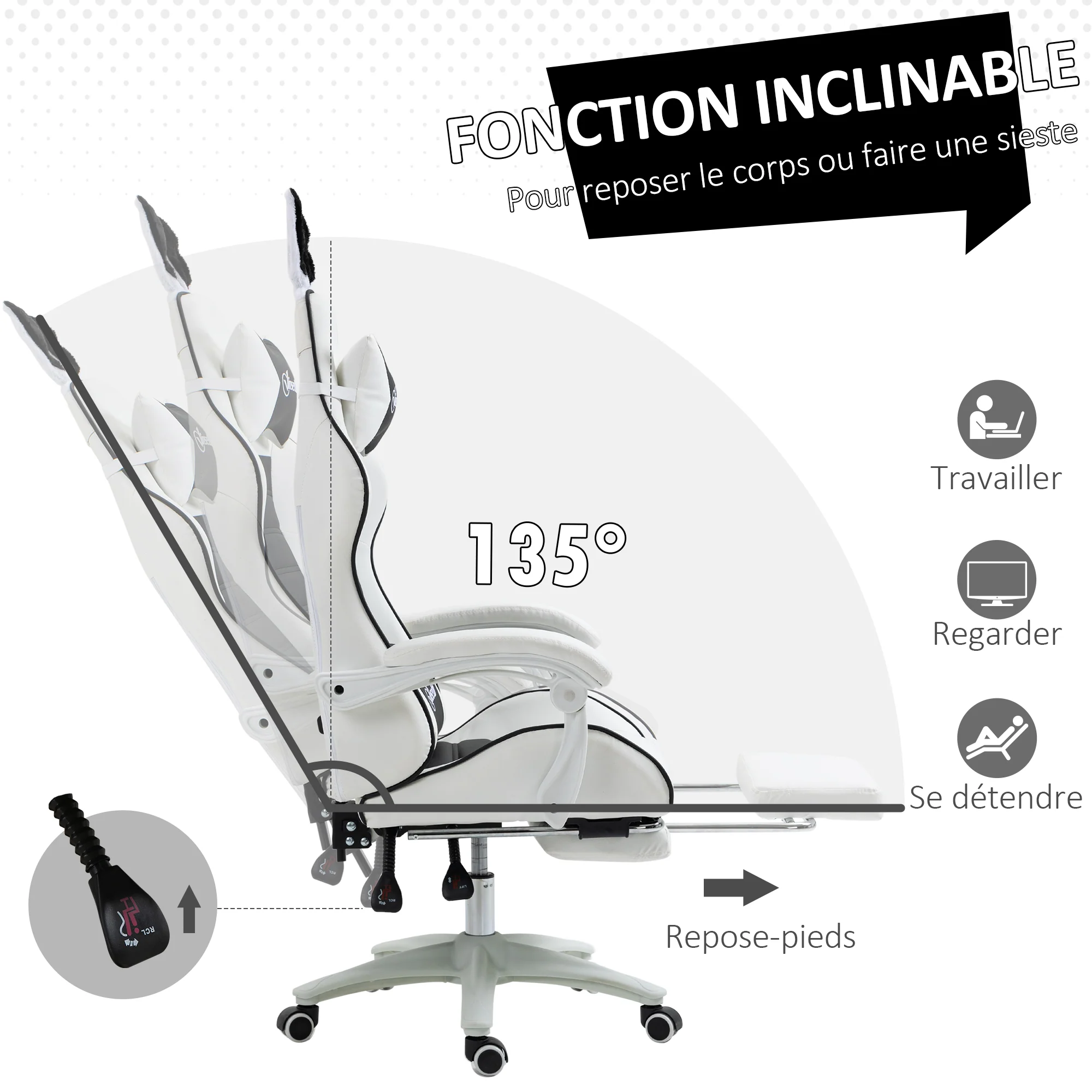 Chaise gaming fauteuil gamer fauteuil de bureau ergonomique avec support lombaire, hauteur réglable, dossier inclinable, repose-pieds, oreilles de lapin et appui-tête, noir - Image 7