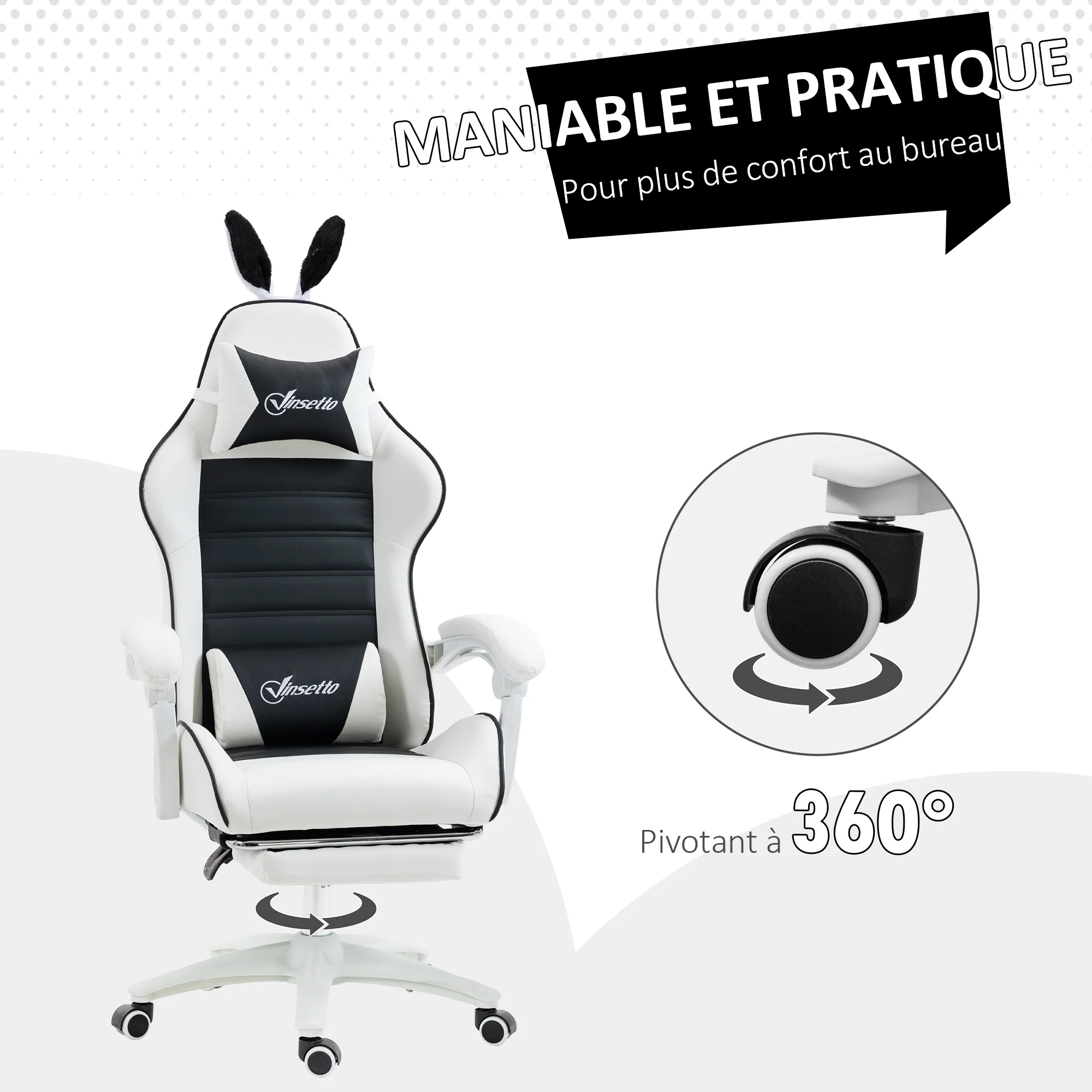 Chaise gaming fauteuil gamer fauteuil de bureau ergonomique avec support lombaire, hauteur réglable, dossier inclinable, repose-pieds, oreilles de lapin et appui-tête, noir - Image 8