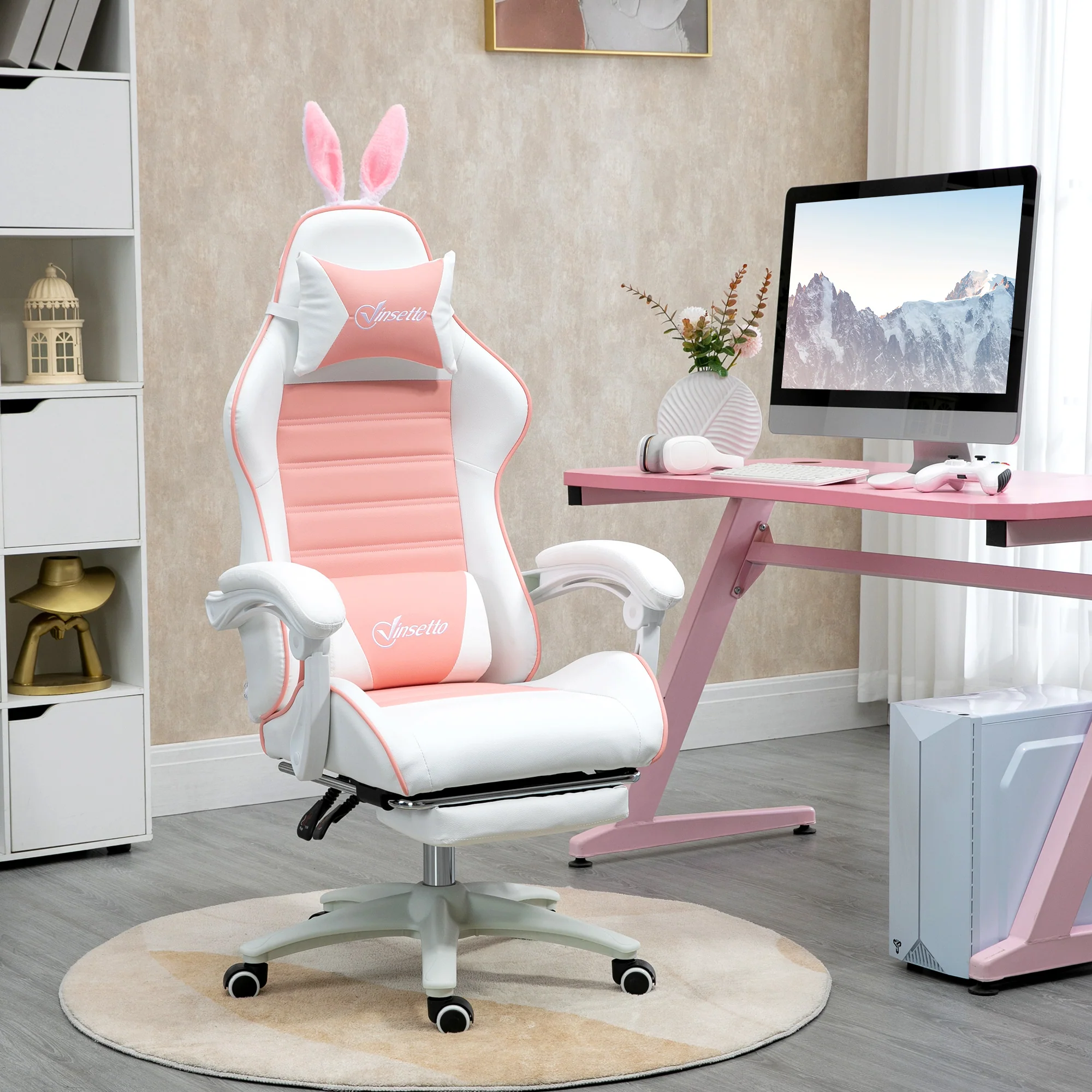 Chaise gaming fauteuil gamer fauteuil de bureau ergonomique avec support lombaire, hauteur réglable, dossier inclinable, repose-pieds, oreilles de lapin et appui-tête, rose - Image 3